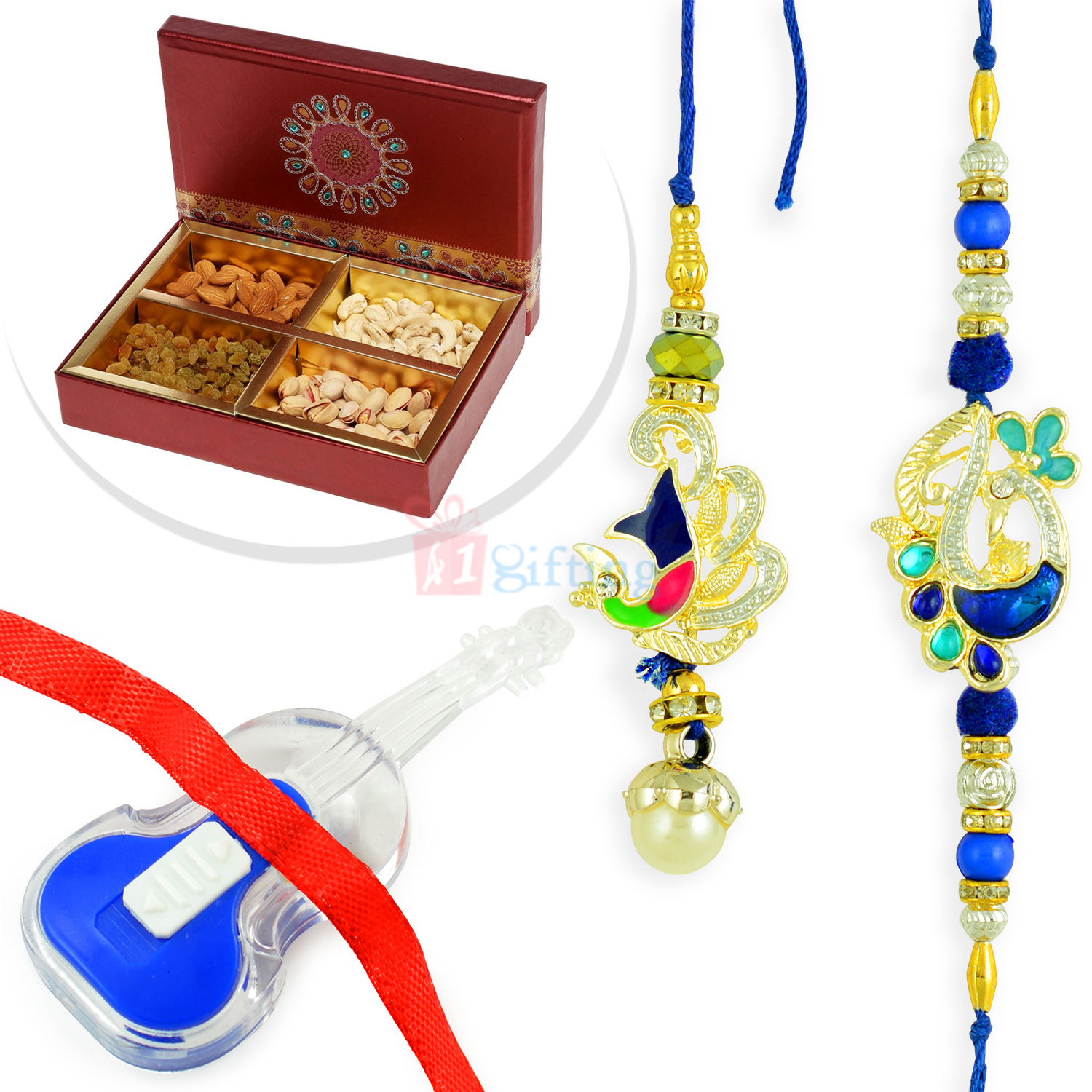 Four Kinds Dryfruits Box with Pair and Kids Rakhi Hamper