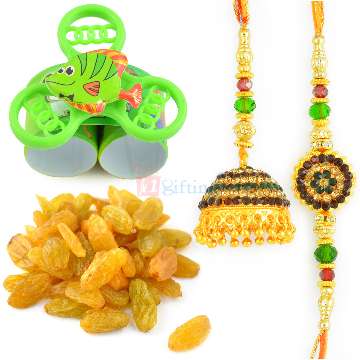 Antique Jhumar Pair and Kids Toy Rakhi with Kishmish