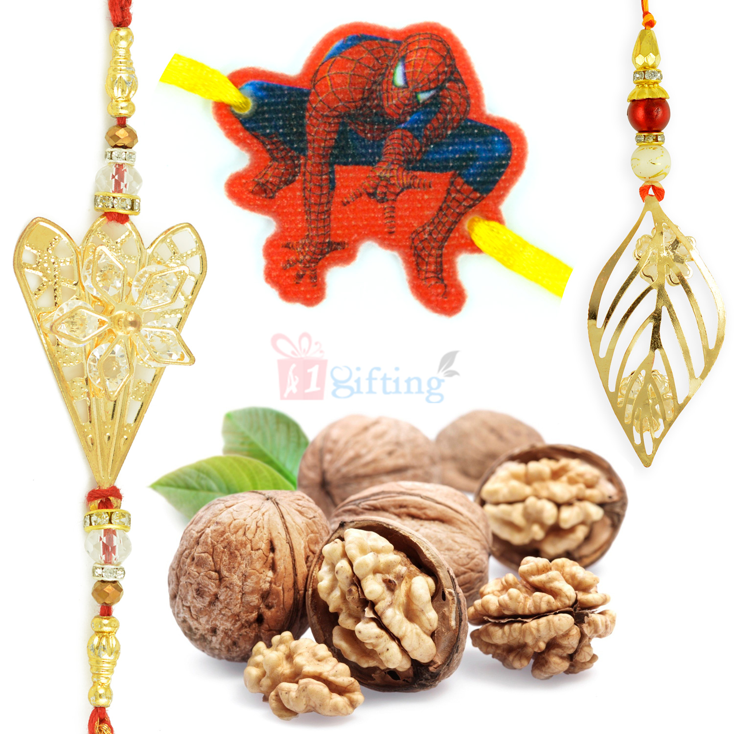 Awesome Leaf Pair and Kids Rakhi with Walnuts Dryfruits