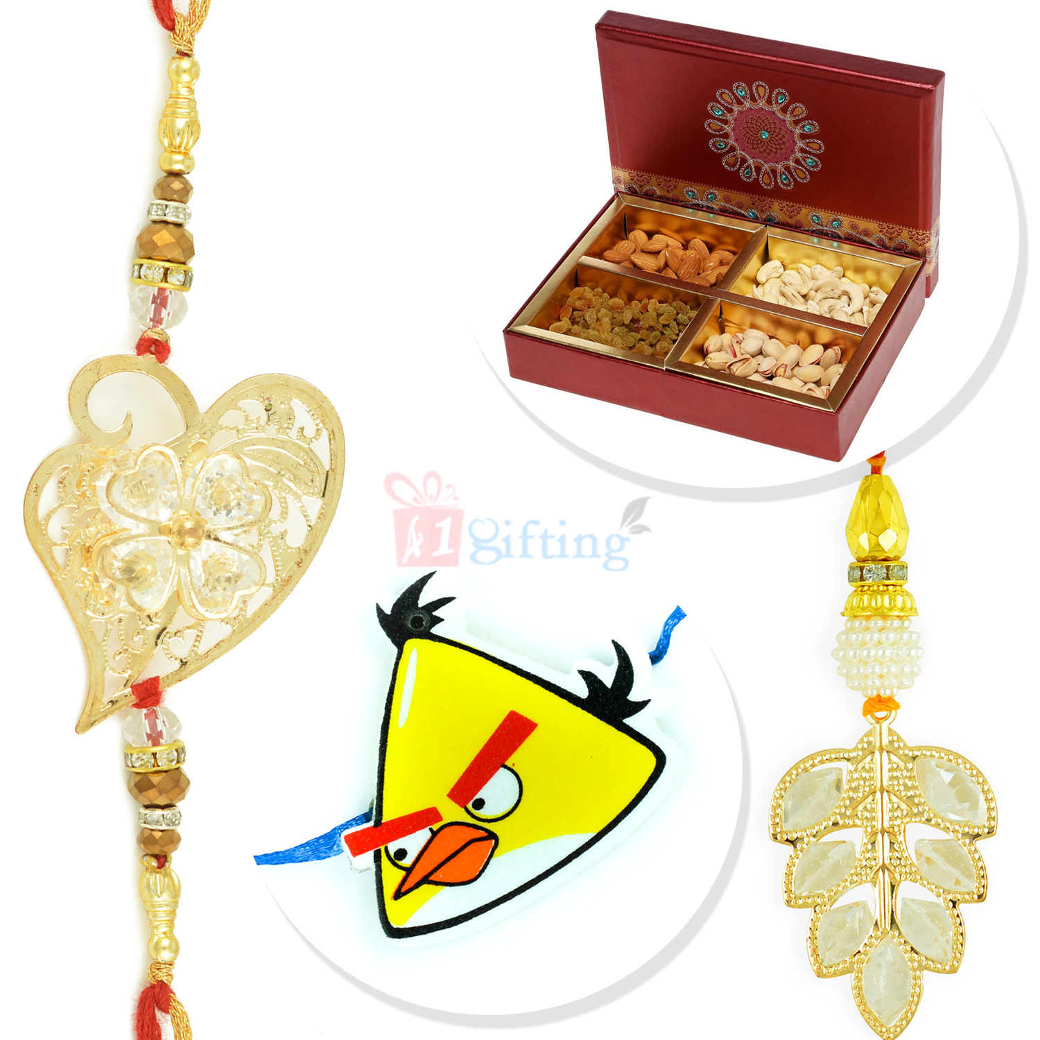 Heart and Leaf Pair Rakhi with Angry Birds Kids Rakhi and 4 type Dryfruits