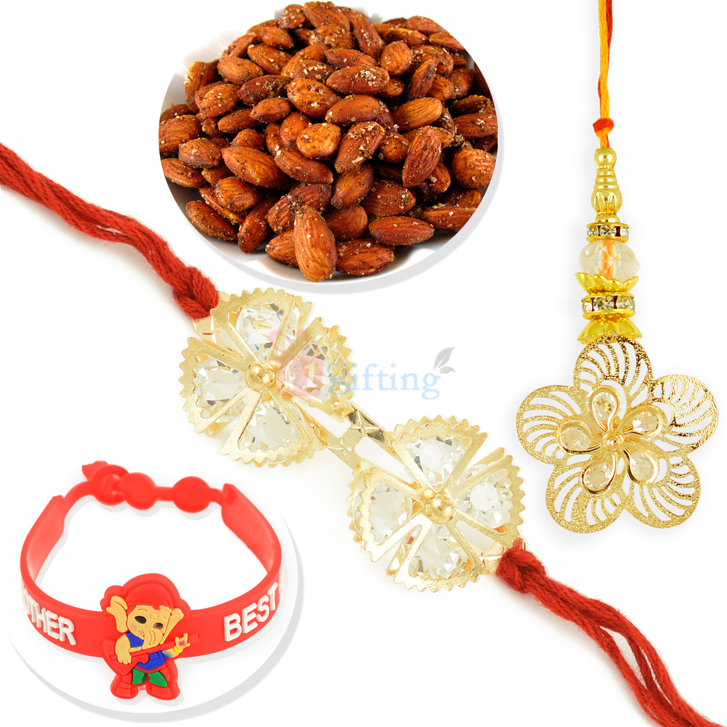 Beautiful Golden Touch Flower Pair Rakhi with Kids and Roasted Almonds