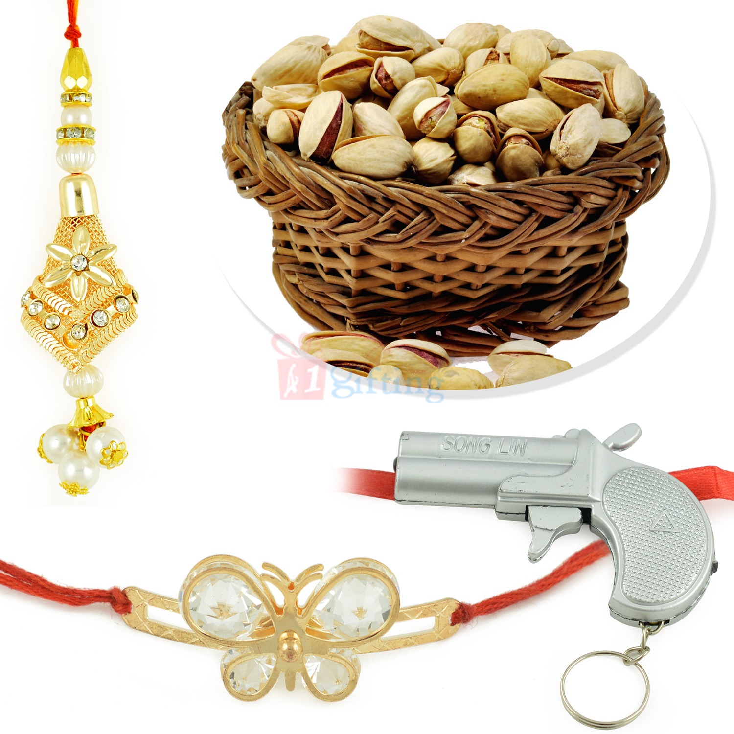 Pista with Butterfly Pair and Kids Toy Rakhi Hamper
