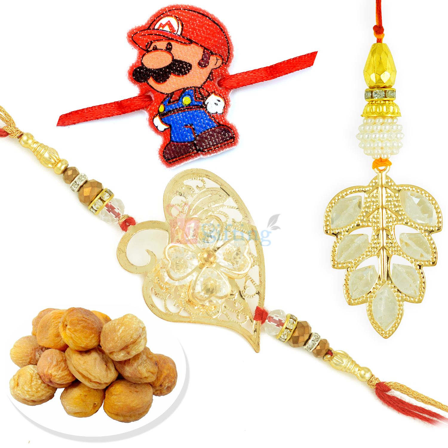 Leaf and Glass Pair Rakhi with Mario Kids Rakhi and Apricots Dryfruits