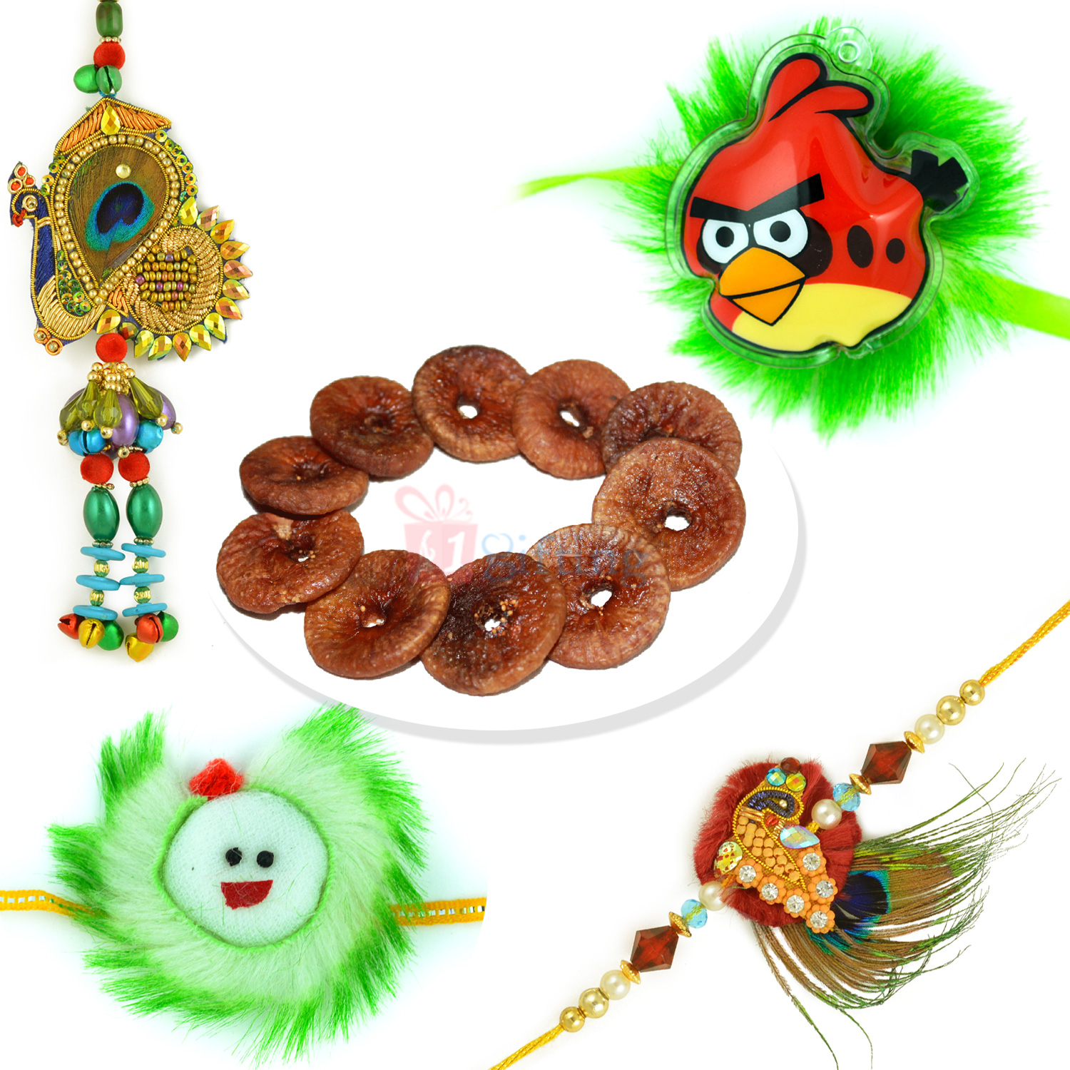 Floral 2 Kids Rakhi with Peacock Feather Pair Rakhi and Dry Figs Dryfruits