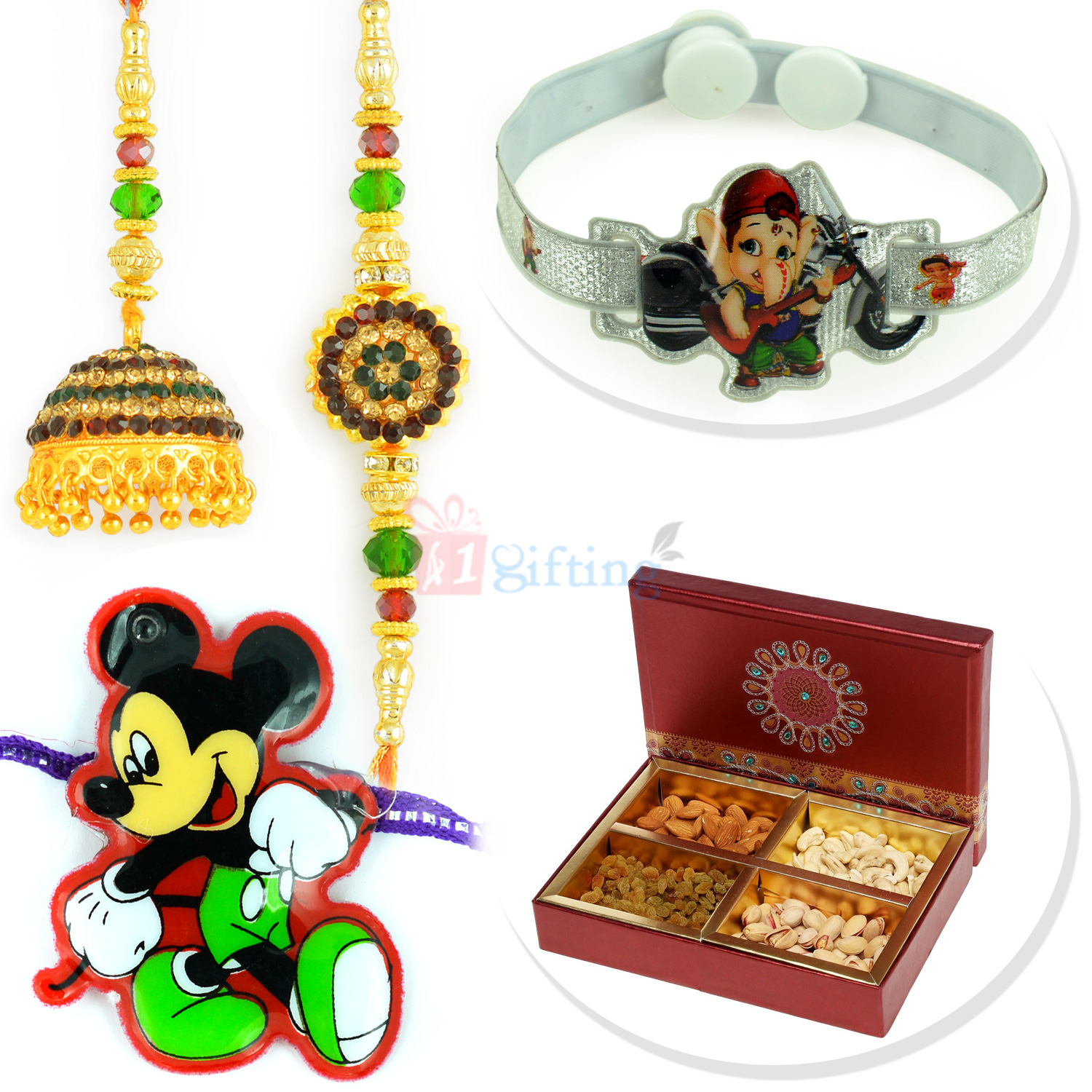 Four type Dryfruits Box with Antique Pair and 2 Kids Rakhi Hamper