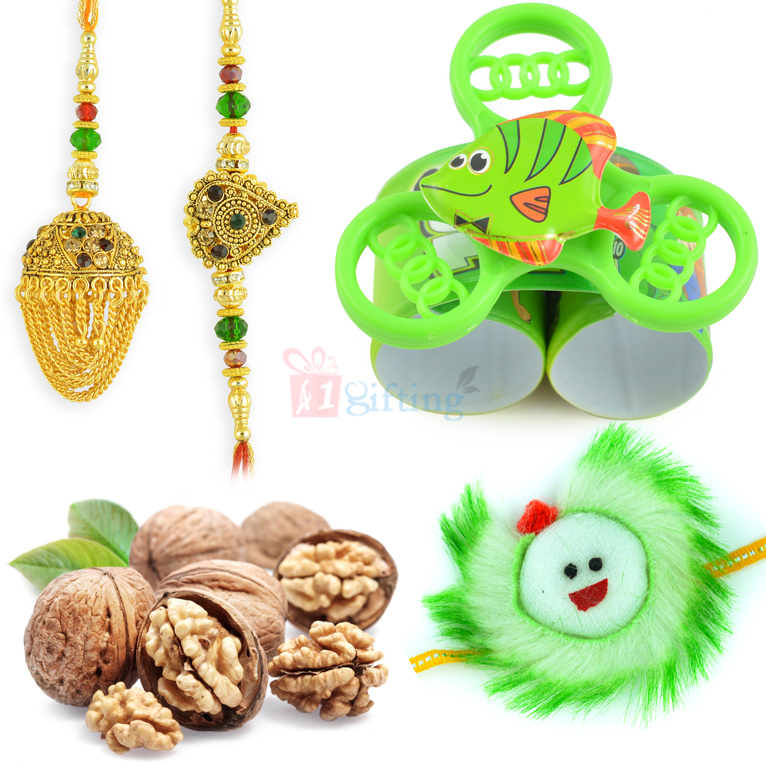 Golden Touch Pair Rakhi with Two Kids Rakhi and Walnuts Dryfruits