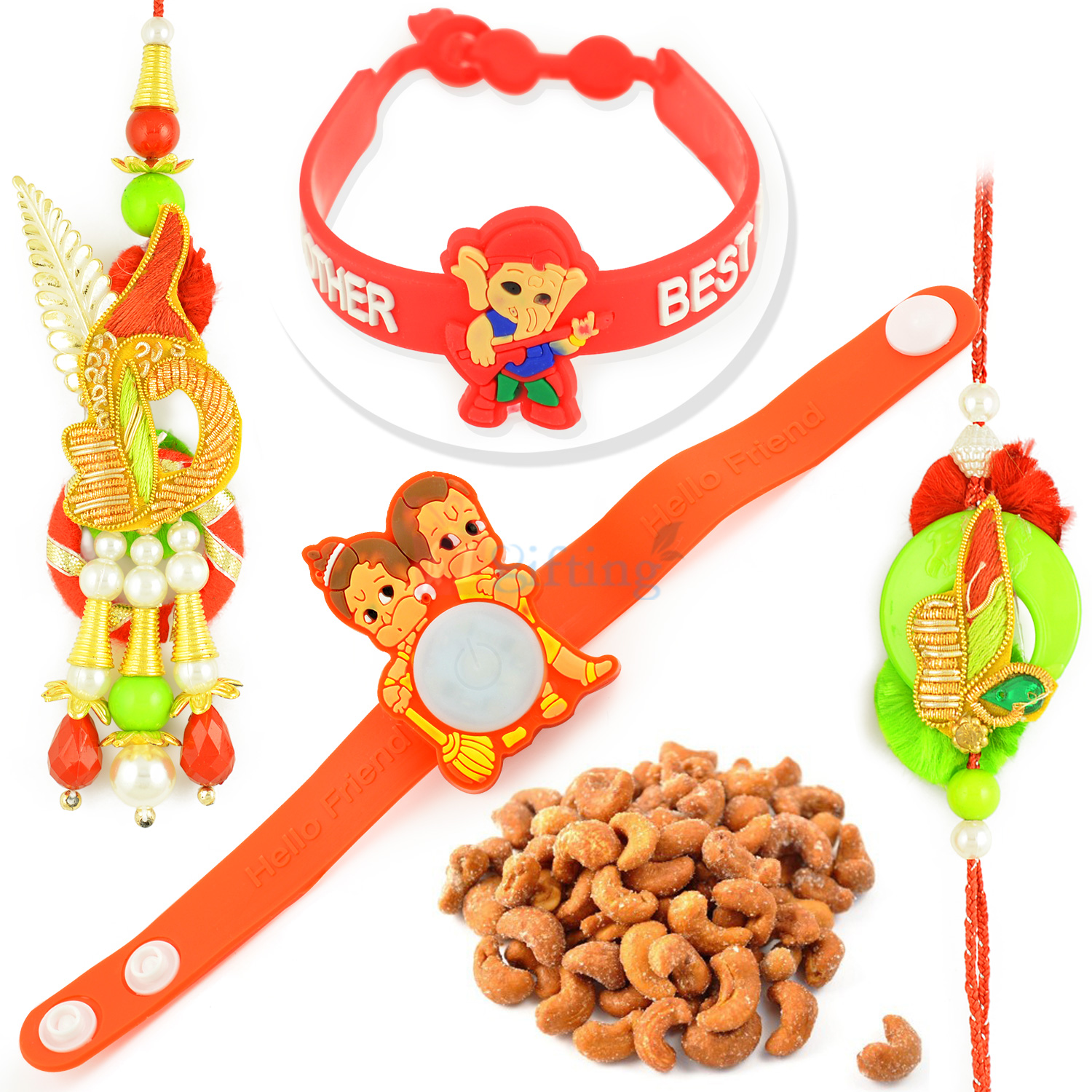 Red Green Theme Pair and 2 Kids Rakhi with Roasted Cashew