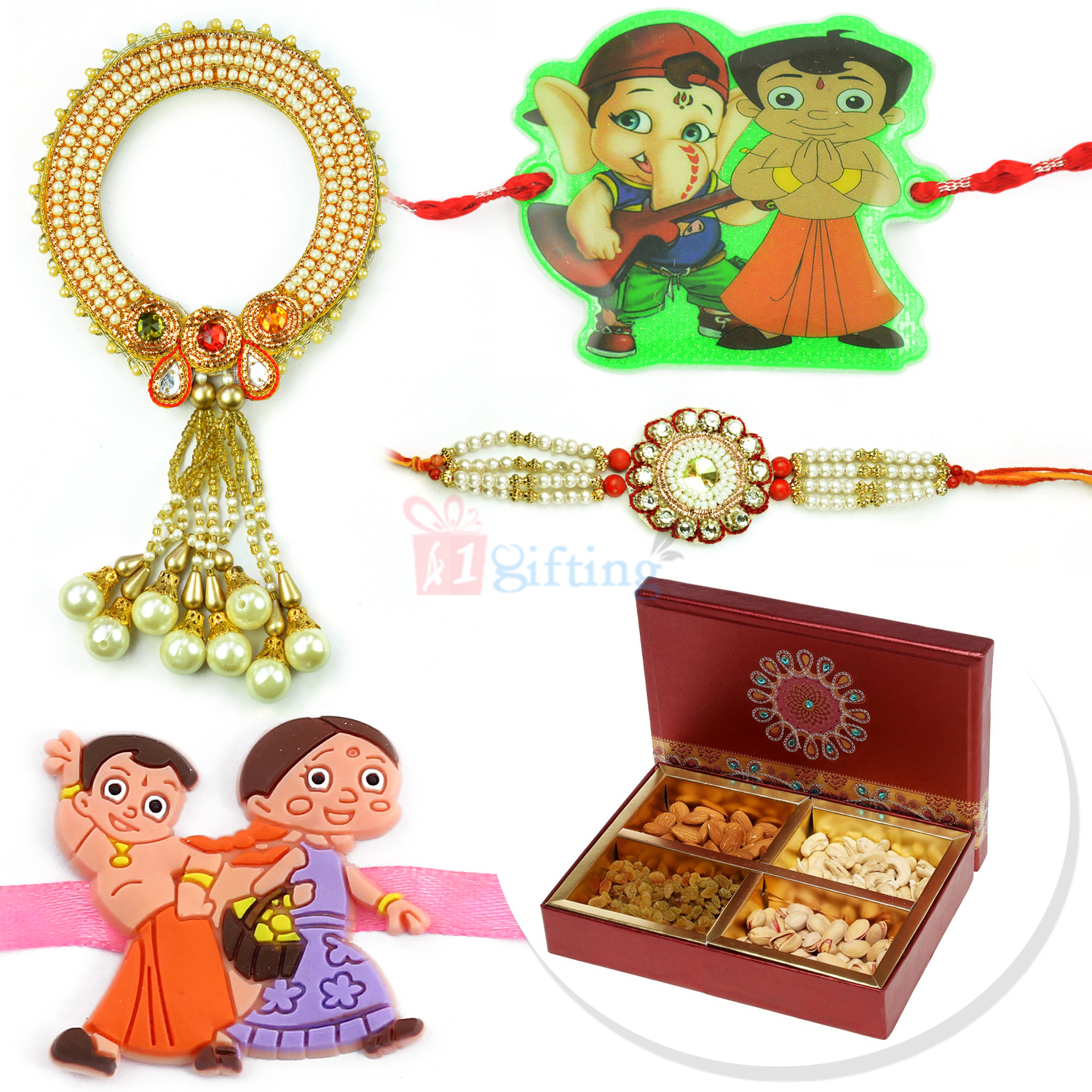 Awesome Pearl Pair Rakhi with 2 Kids and 4 type Dryfruits