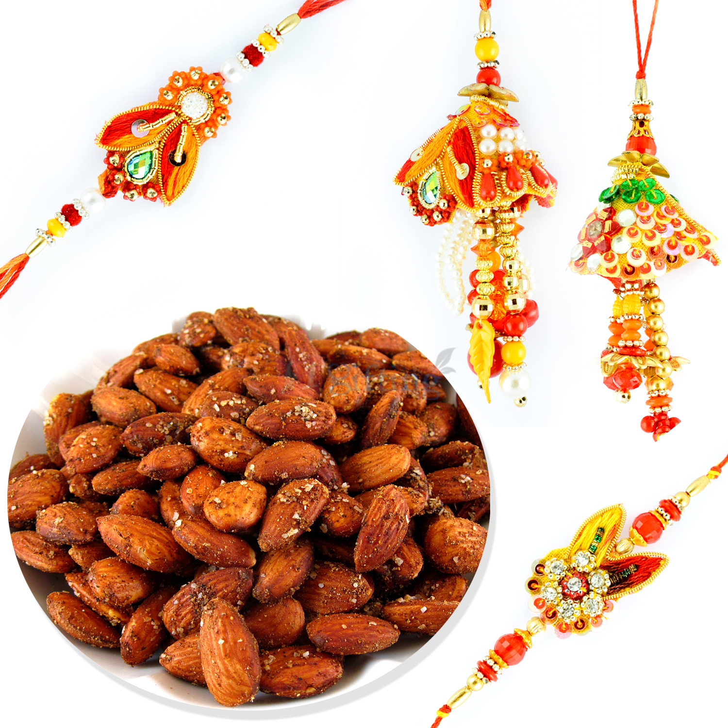 Gota Zari Traditional 2 Pair Rakhi Set with Roasted Almonds Dryfruits