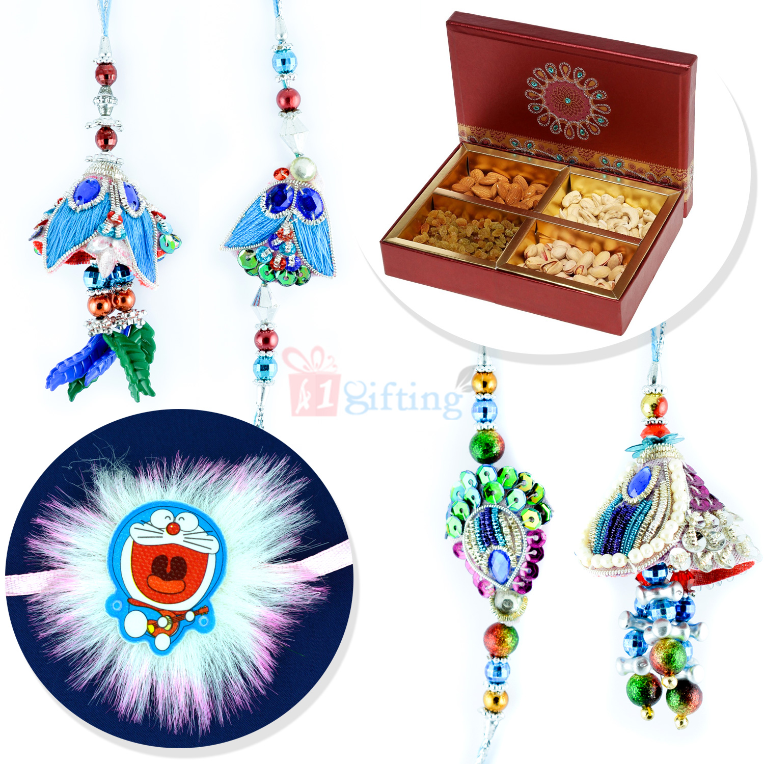 Two Pair with Kids Rakhi Set and 4 Kinds Dryfruit Box