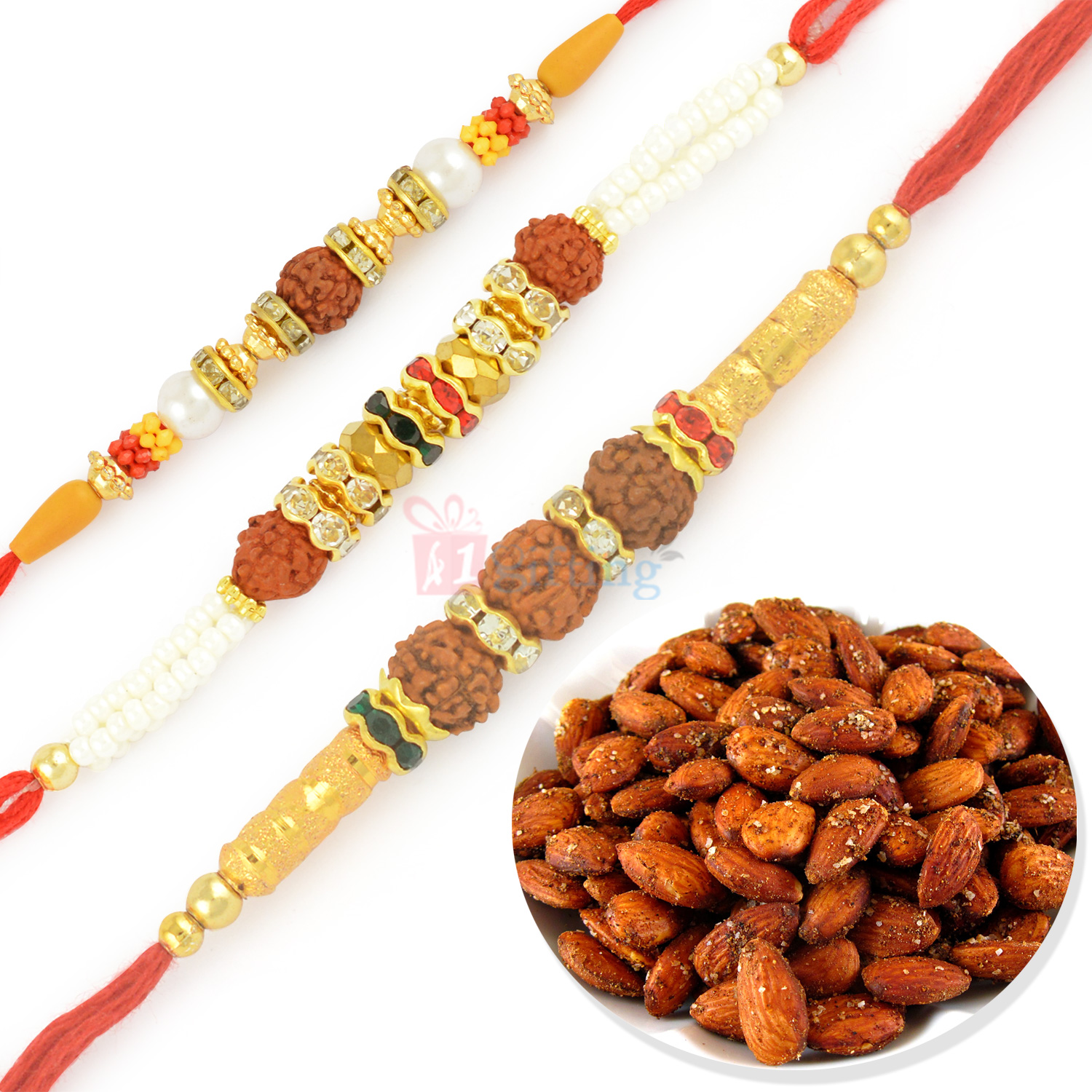 Roasted Almonds with Triple Rudraksha Rakhi Set
