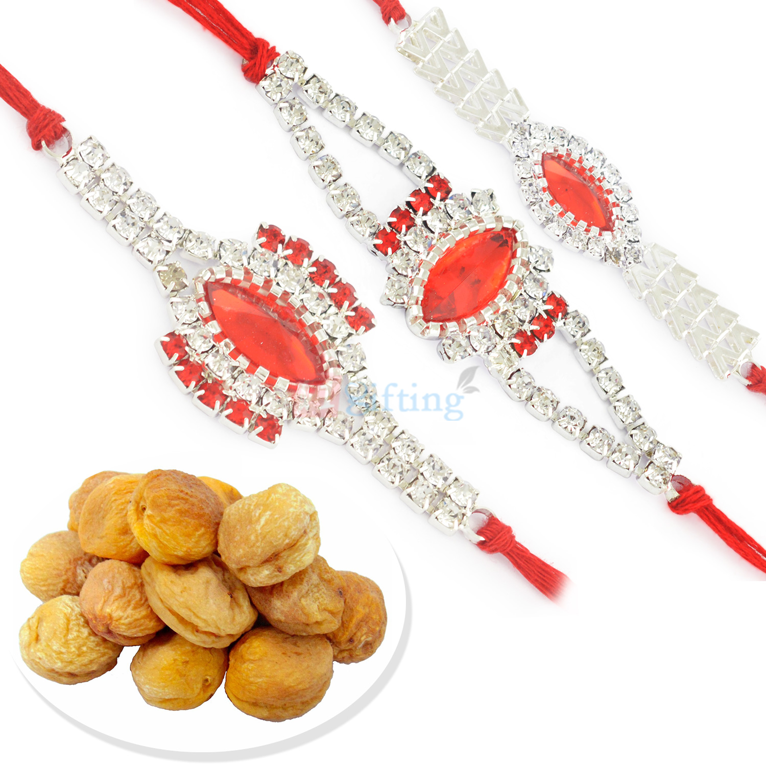 Awesome Silver Touch Jewel Rakhi Set of 3 and Apricots Dryfruit