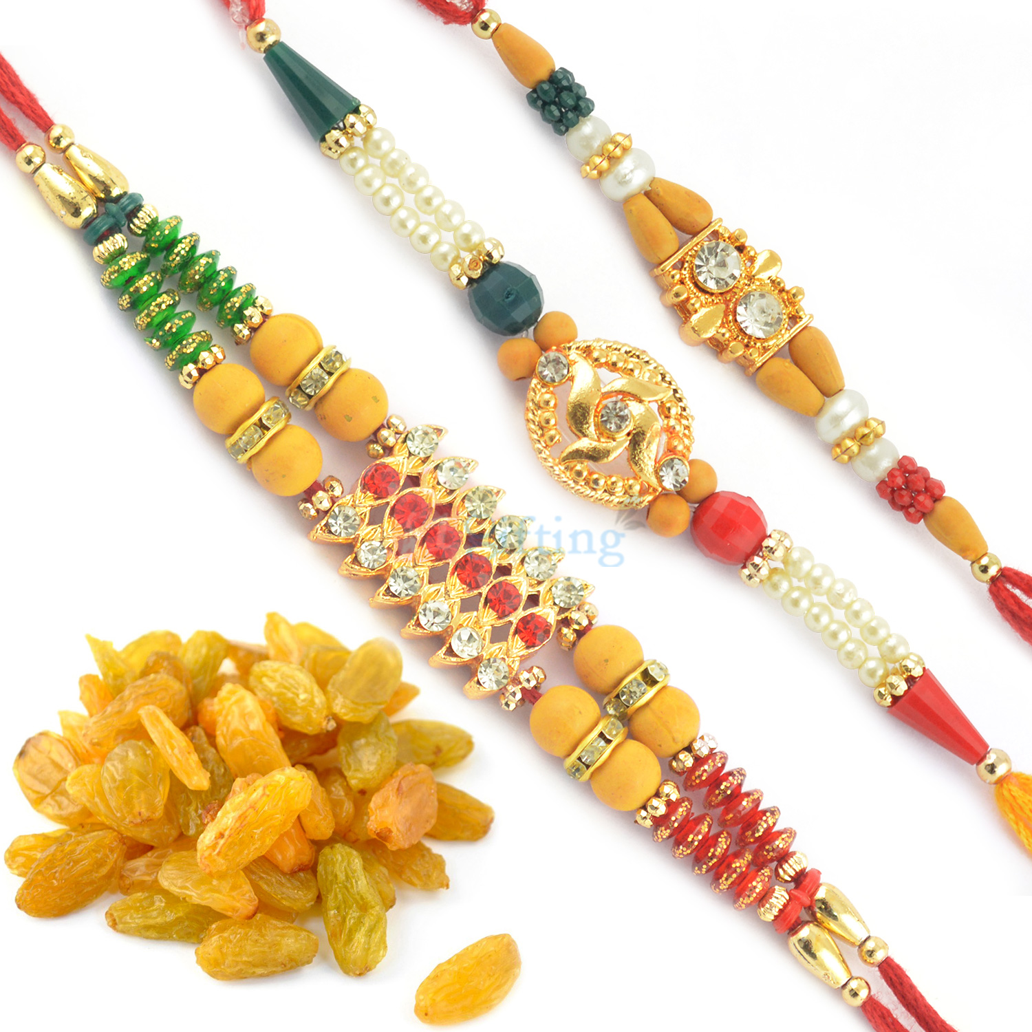 Three Jewel Golden Touch Rakhi Set with Kishmish Hamper