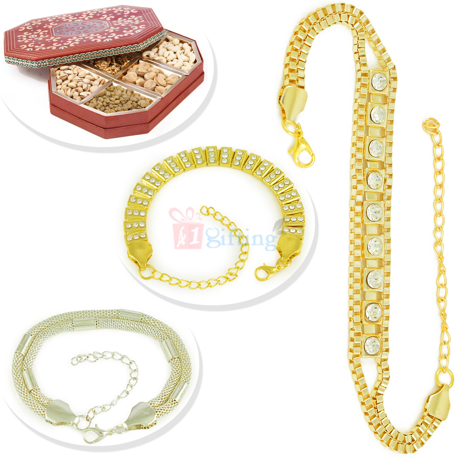 Golden and Silver Touch Three Bracelet with 6 Type Dryfruit Box
