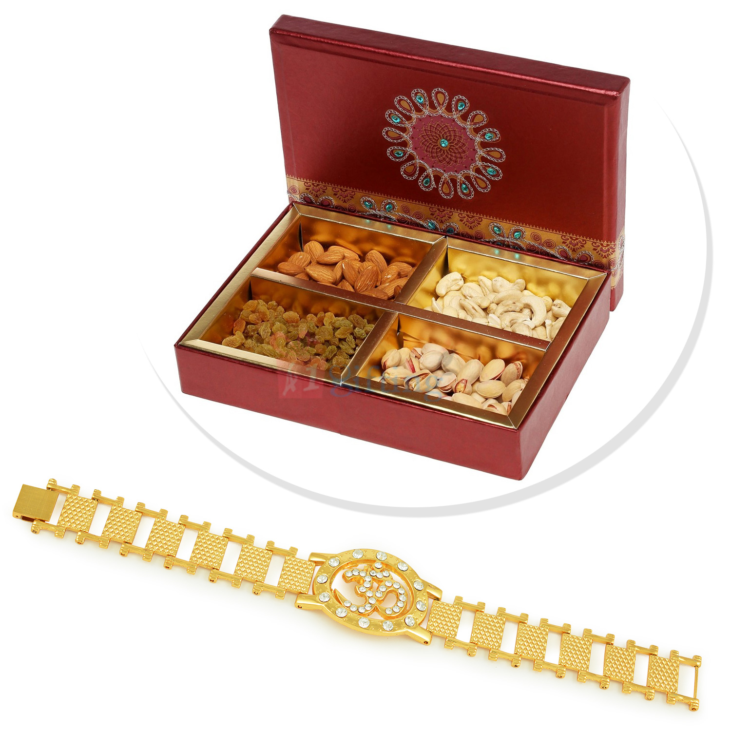 Four Kinds of Dryfruit Box with Om Bracelet Combo