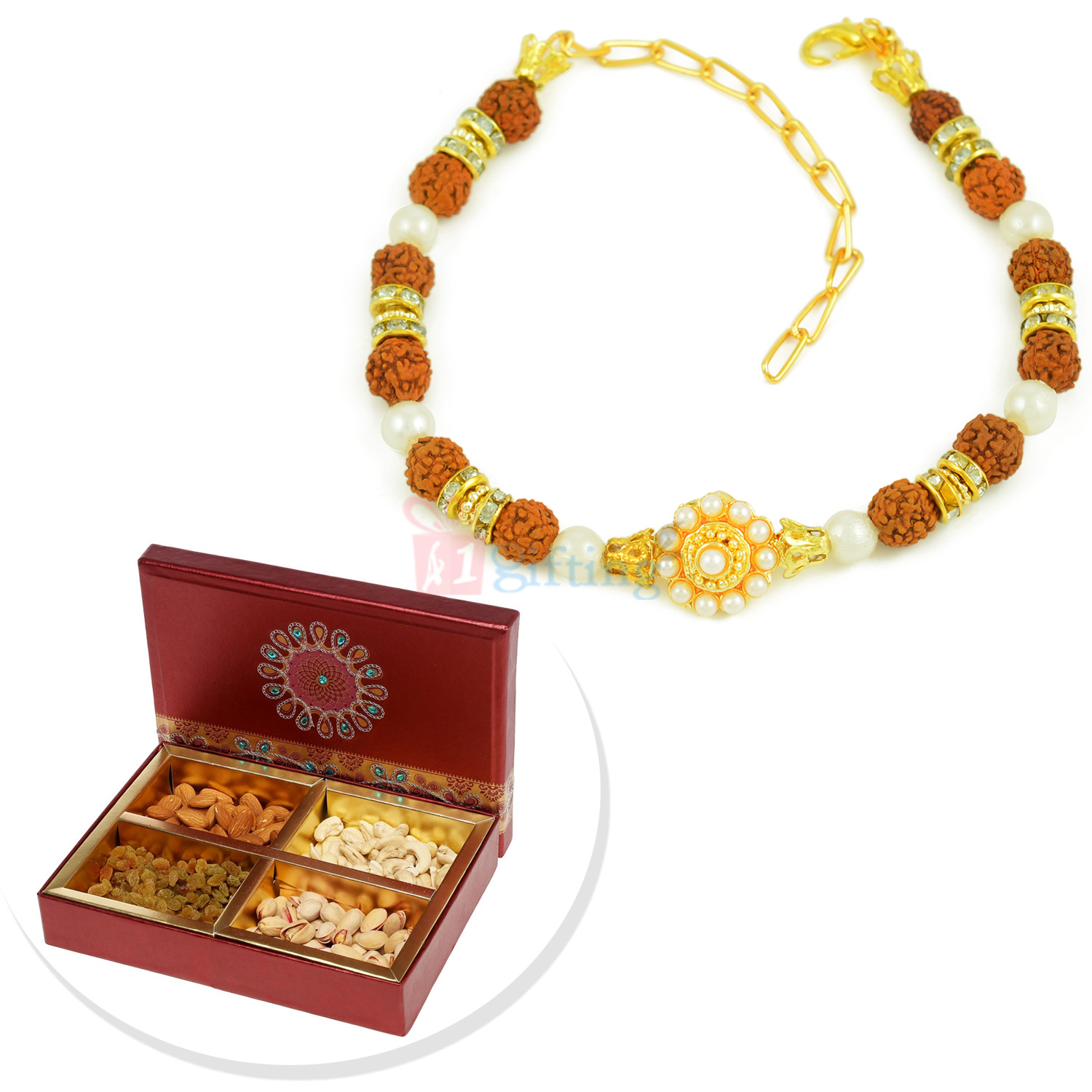 Rudraksha and Pearl Bracelet with Four Types Dryfruit Box