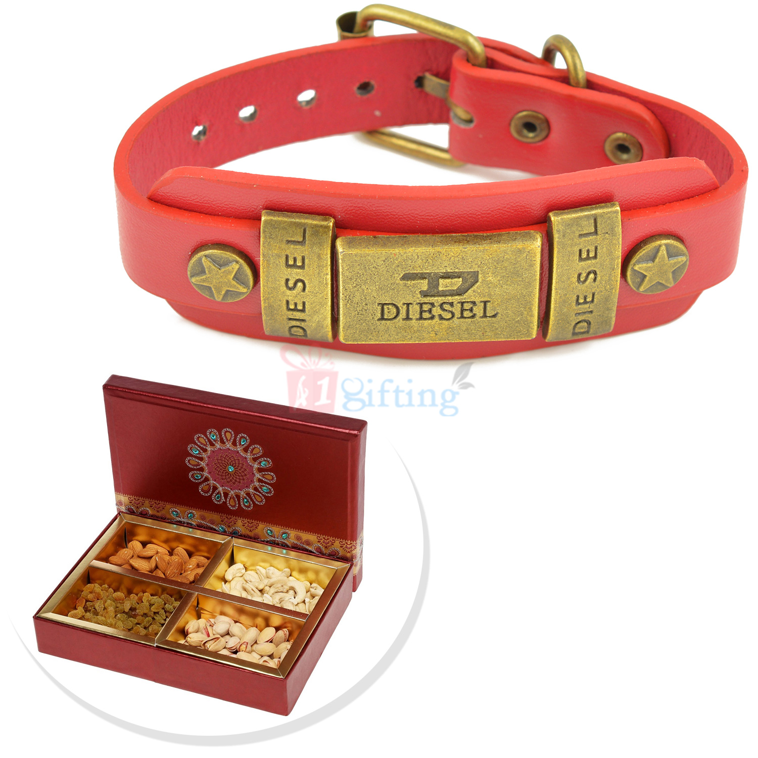 Four Types Dryfruits Box with Kids Diesel Leather Look Bracelet