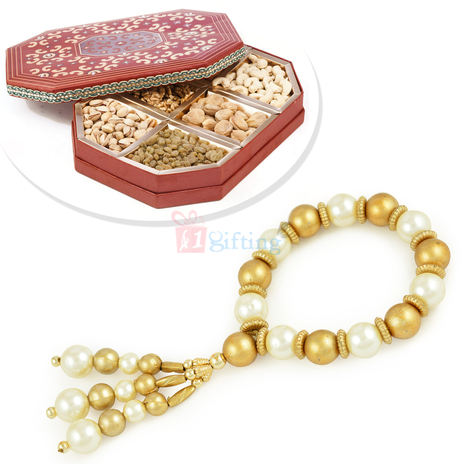 Beautiful Pearl and Beads Ladies Bracelet with 6 Types Nuts Dryfruits