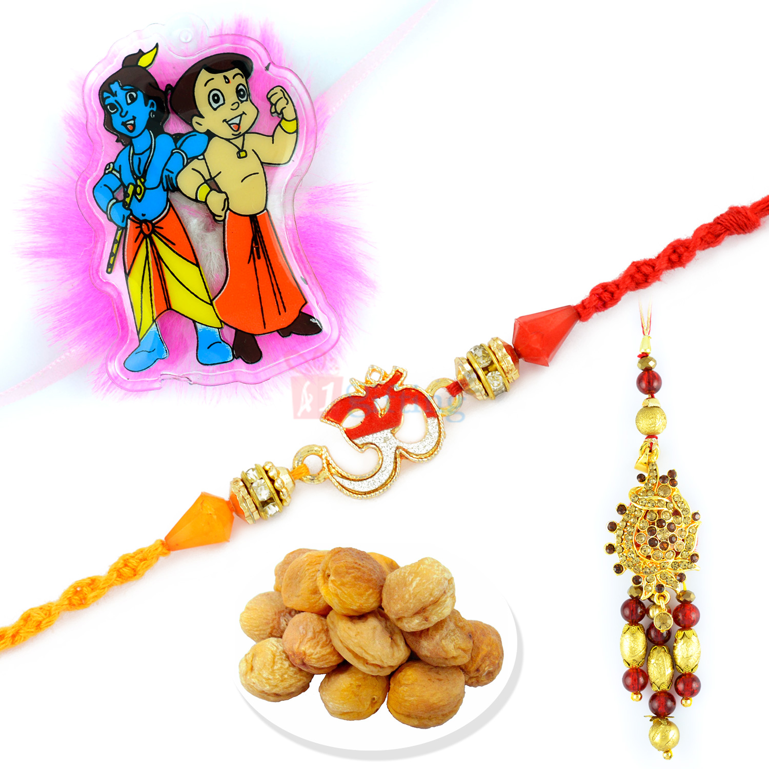 Apricots Dryfruits with Om Pair and Kids Rakhi Hamper
