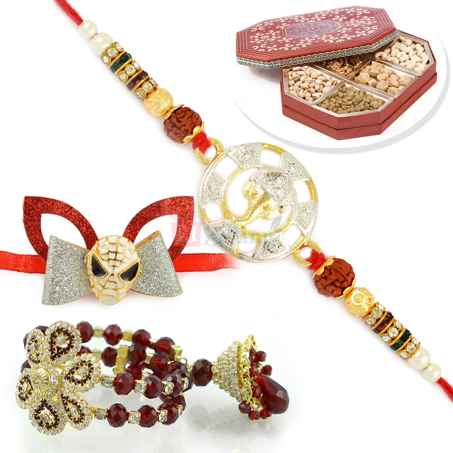 Awesome Jewel Pair and Kids Rakhi with Dryfruits Box