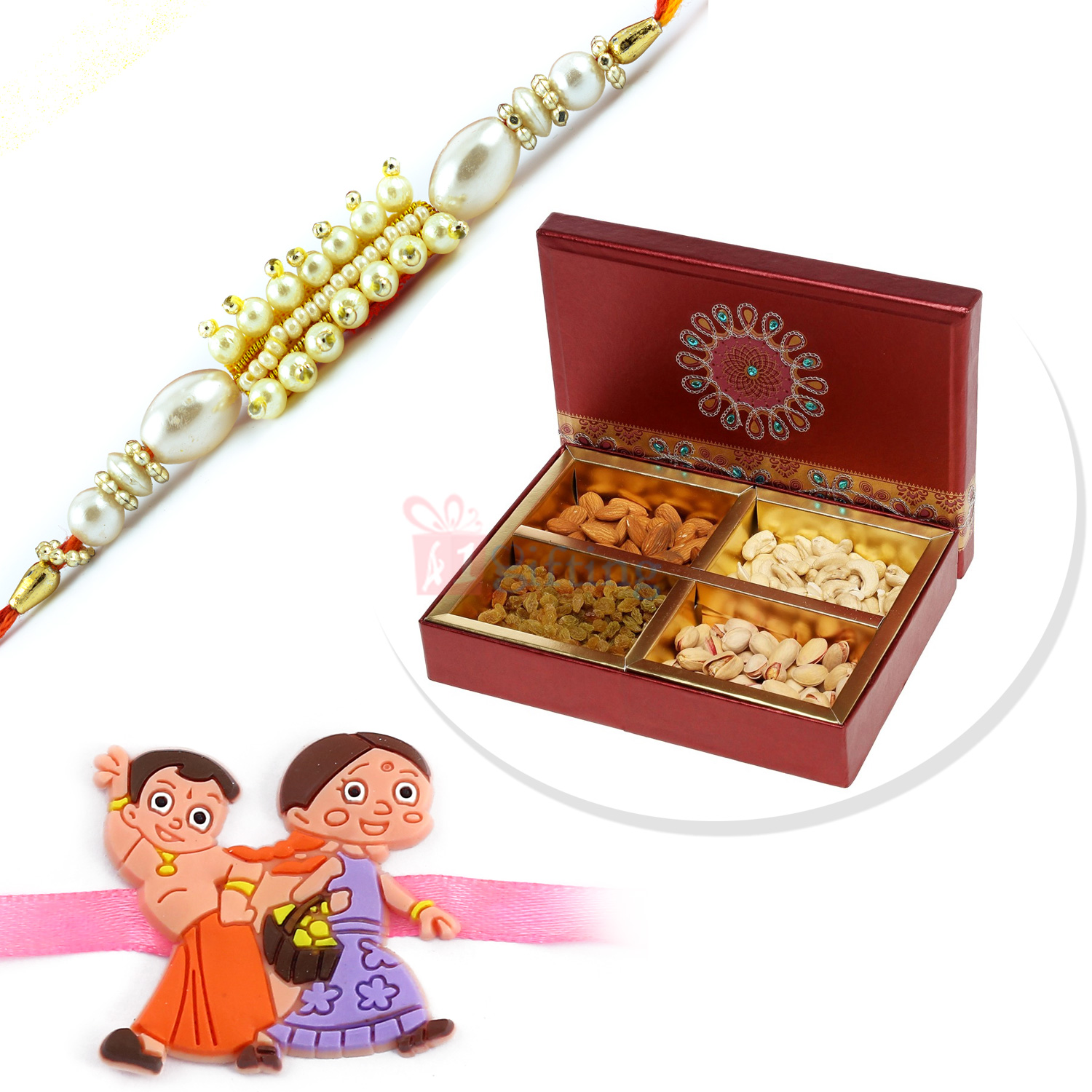 Beautiful Pearl and Kids Rakhi with 4 Type Dryfruits Box