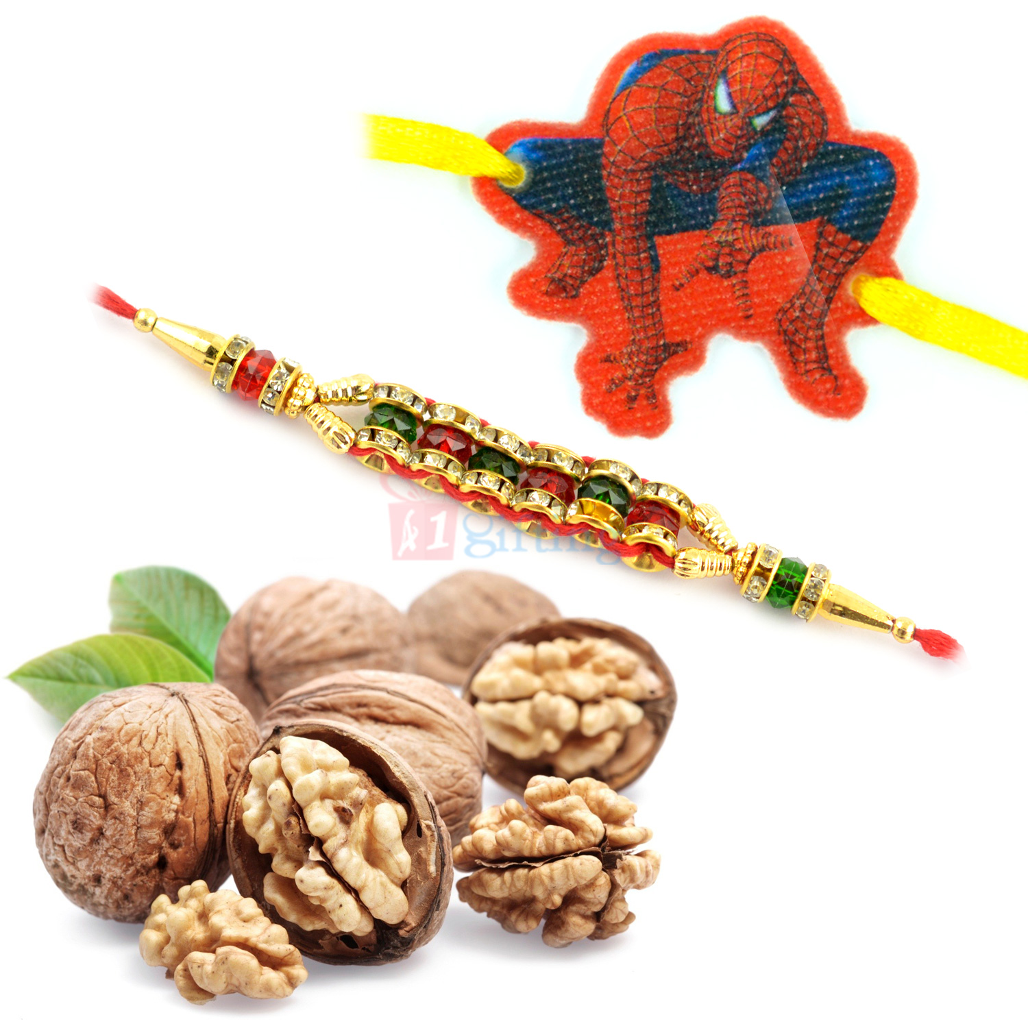 Walnuts with Multi Color Beads and Kids Spidermen Rakhi