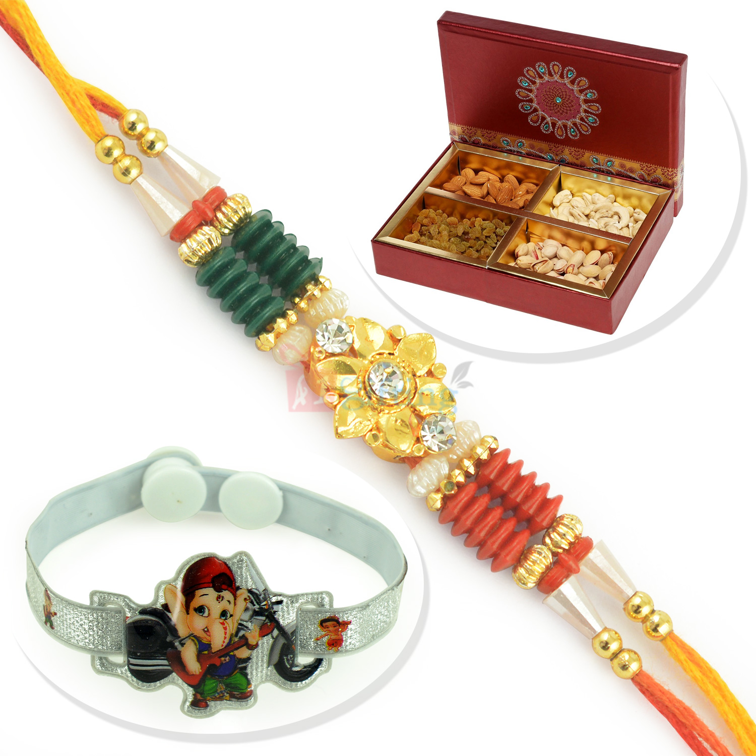Four Types Dryfruit Box with Beautiful Floral and Kids Rakhi