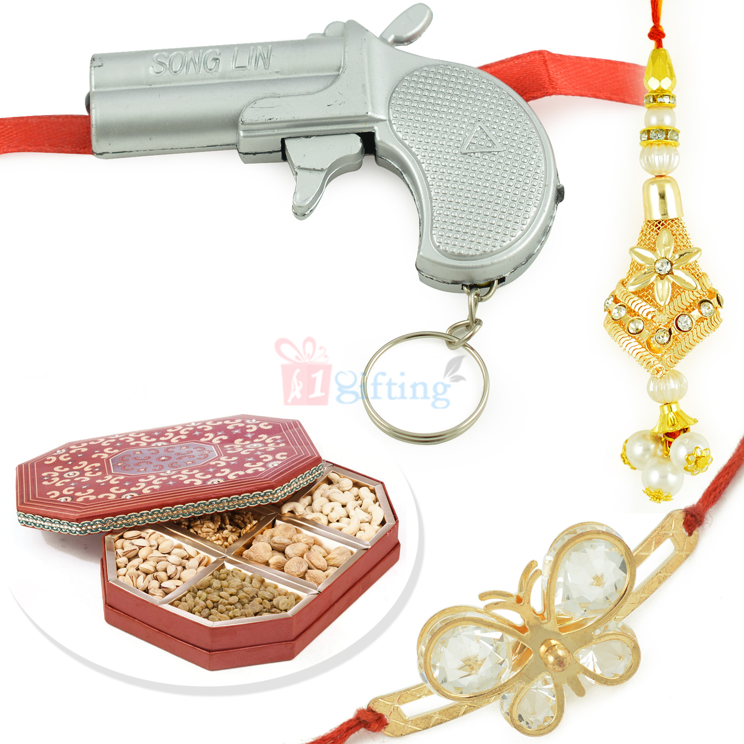 Kids Toy Rakhi with Butterfly Floral Pair Rakhi and 6 Type Dryfruit