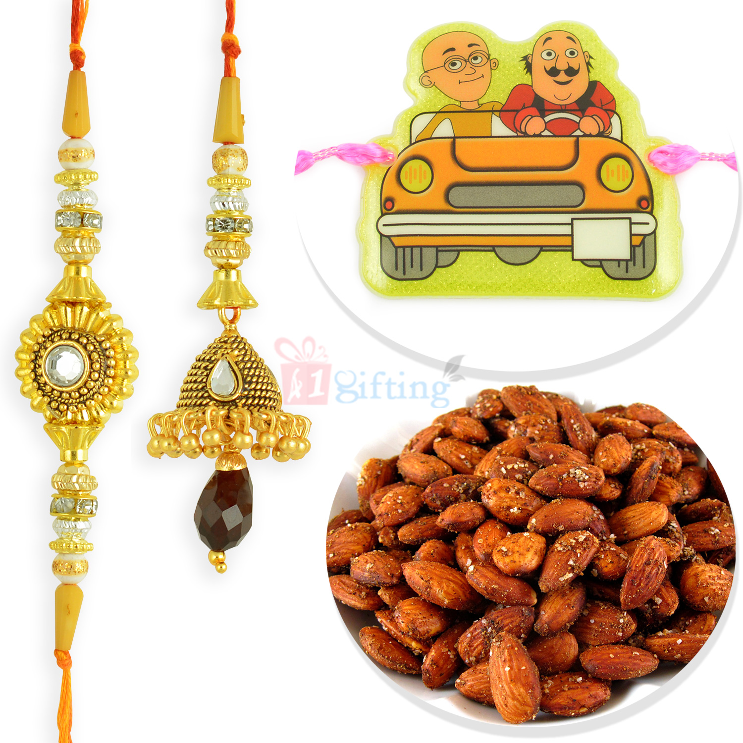 Beautiful Antique Pair and Motu Patlu Kids Rakhi with Roasted Almonds