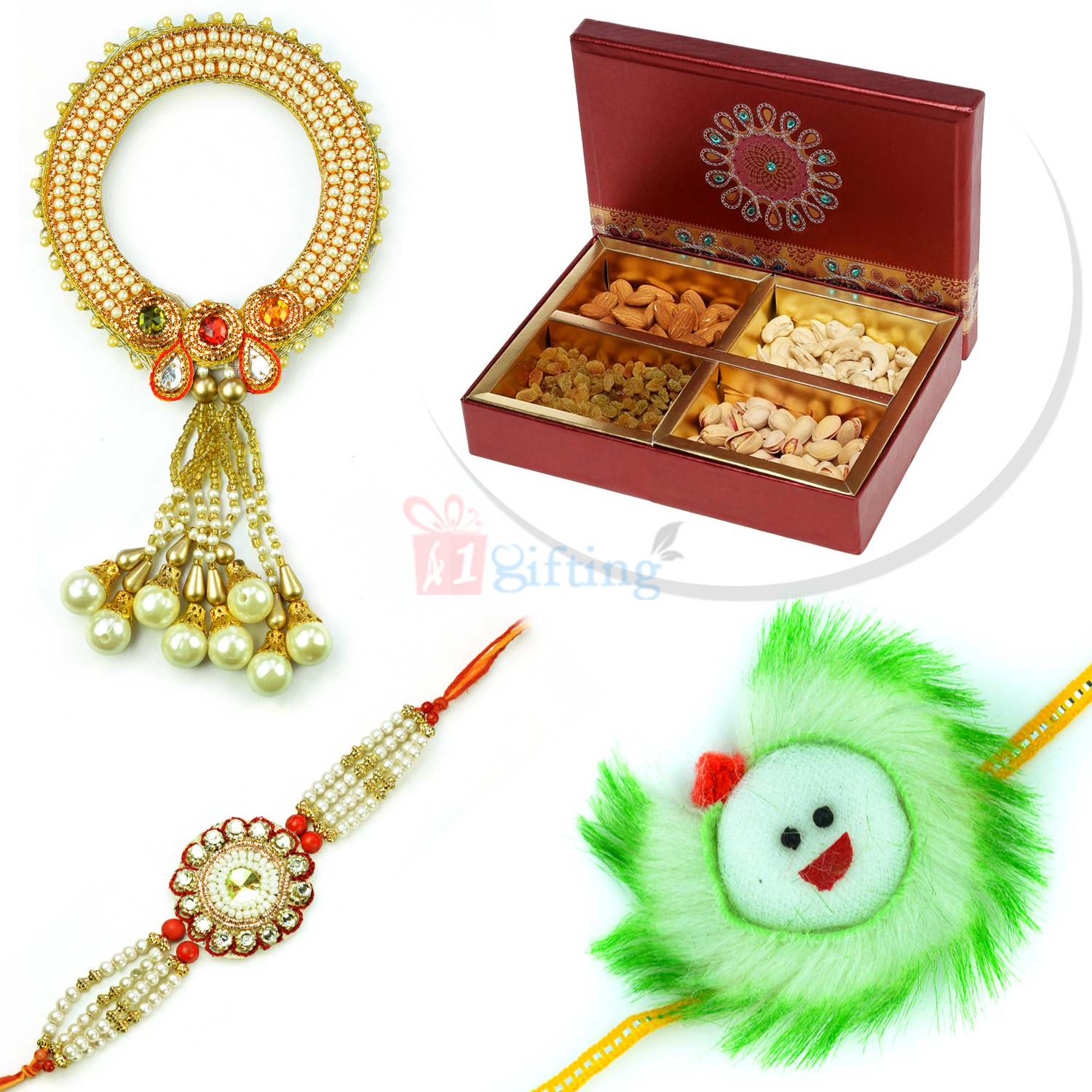 Awesome Pearl Bengal Pair Rakhi with Kids and 4 type Dryfruits