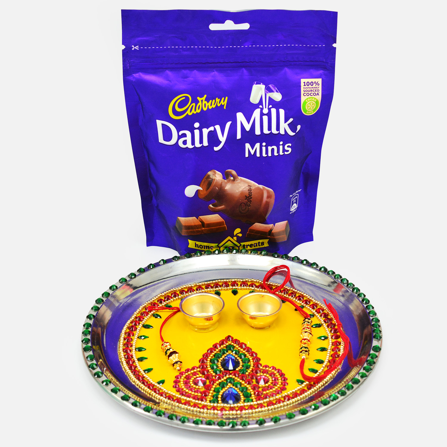 Dairy Milk Minis Chocolate with Yellow Base Amazing Design Rakhi Puja Thali