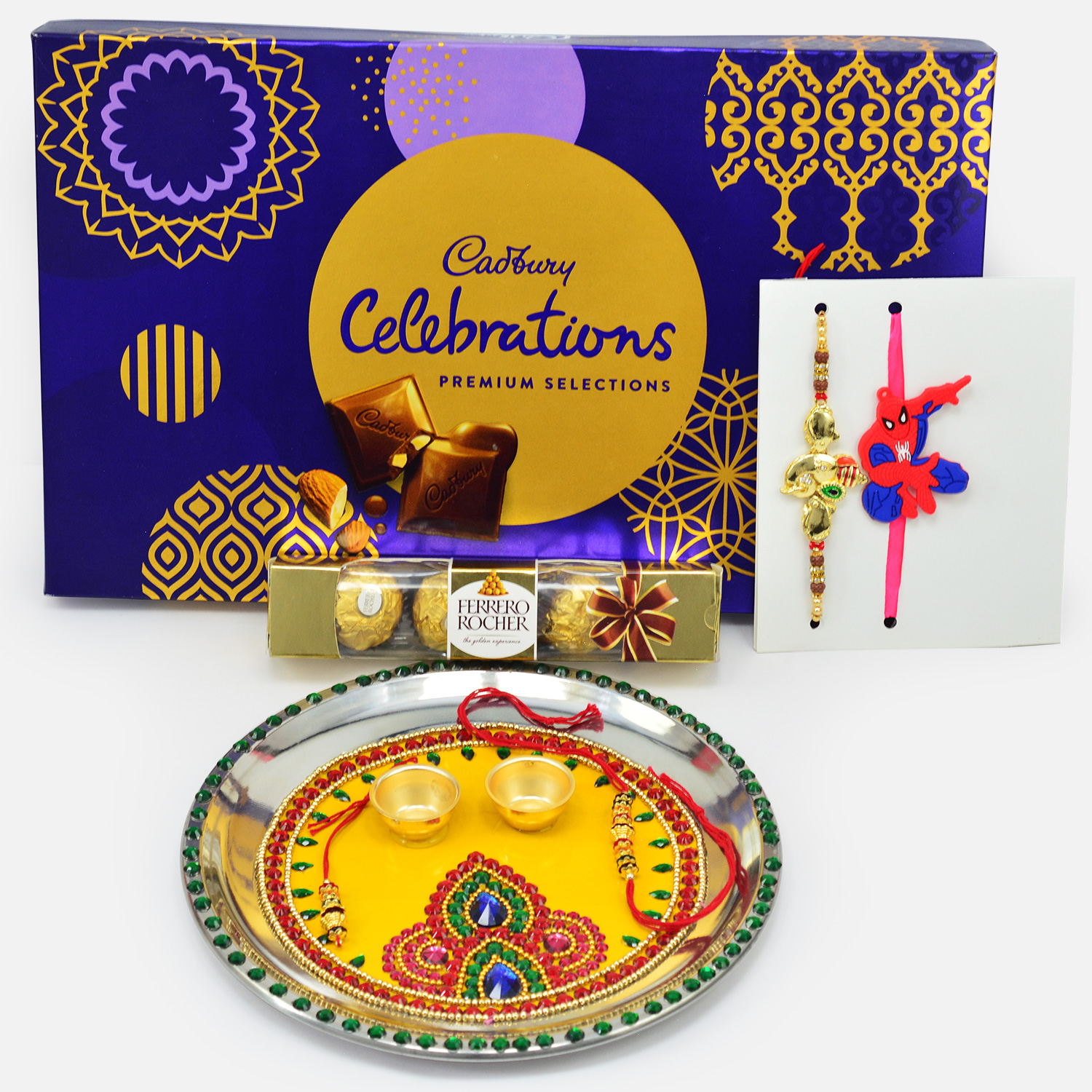 Celebration and Rocher Chocolate with Yellow Design Rakhi Thali and Rakhis Hamper