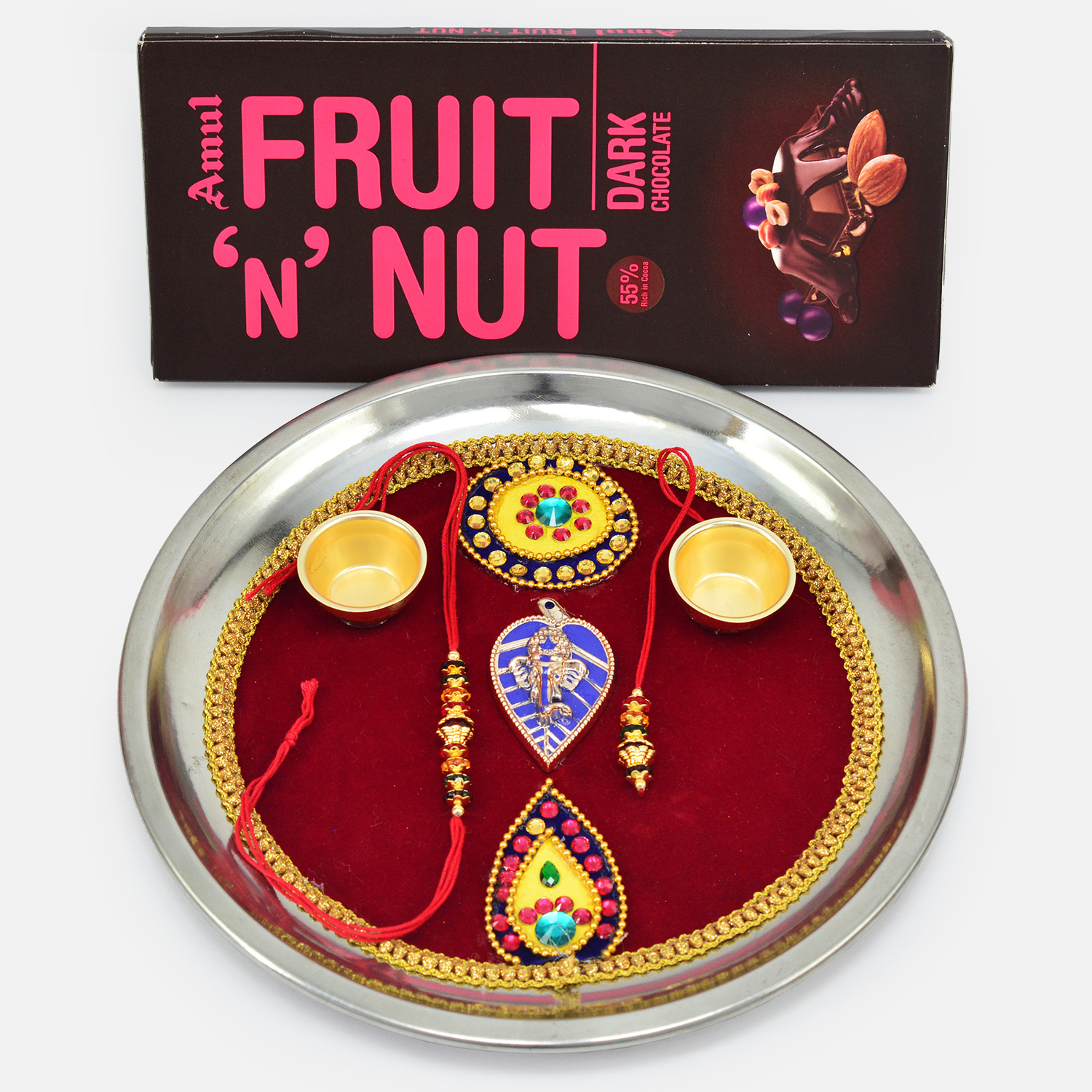 Fruit and Nut Chocolates with Bhaiya Bhabhi Rakhis and Pooja Thali