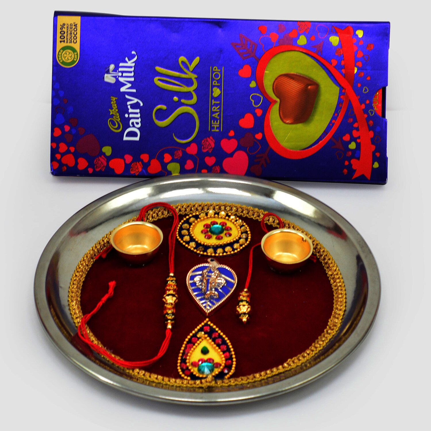 Silk Heart Pop Chocolate with Maroon Base Sacred Rakhi Puja Thali and Rakhis