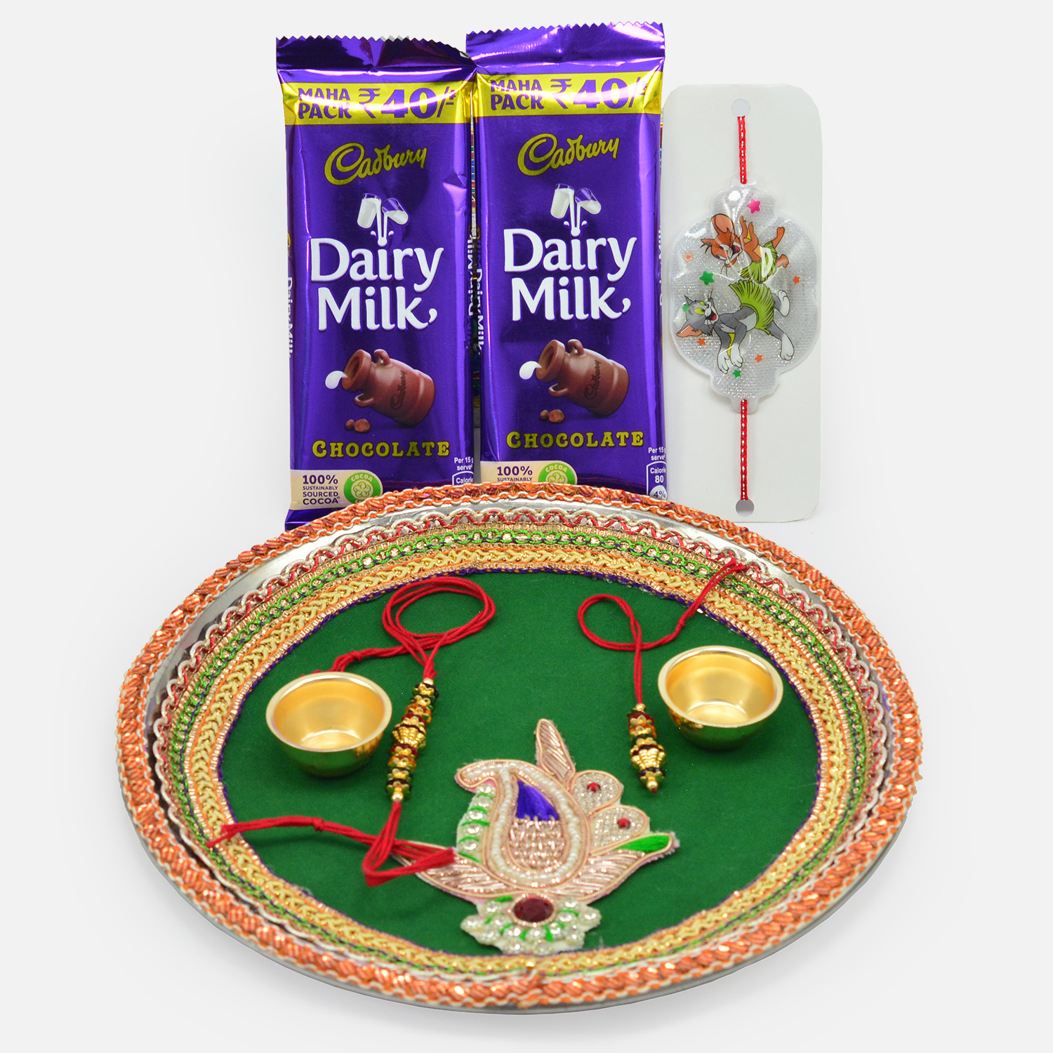 Dairy Milk Small 2 Chocolates with Three Family Rakhis and Pooja Thali