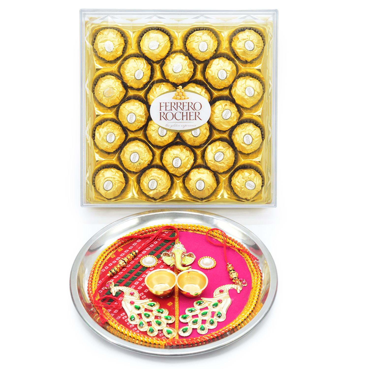 Ferrero Rocher 24 Pc Chocolates with Ganesha and Peacock Designing Awesome Looking Puja Thali