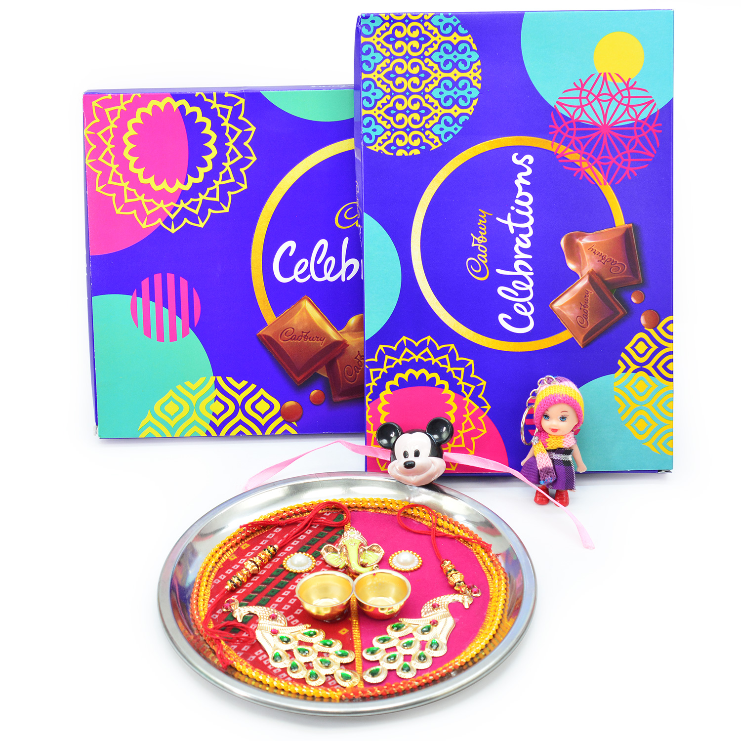 Big and Small Pack of Cadbury Celebration with Set of Family Rakhis and Pooja Rakhi Thali