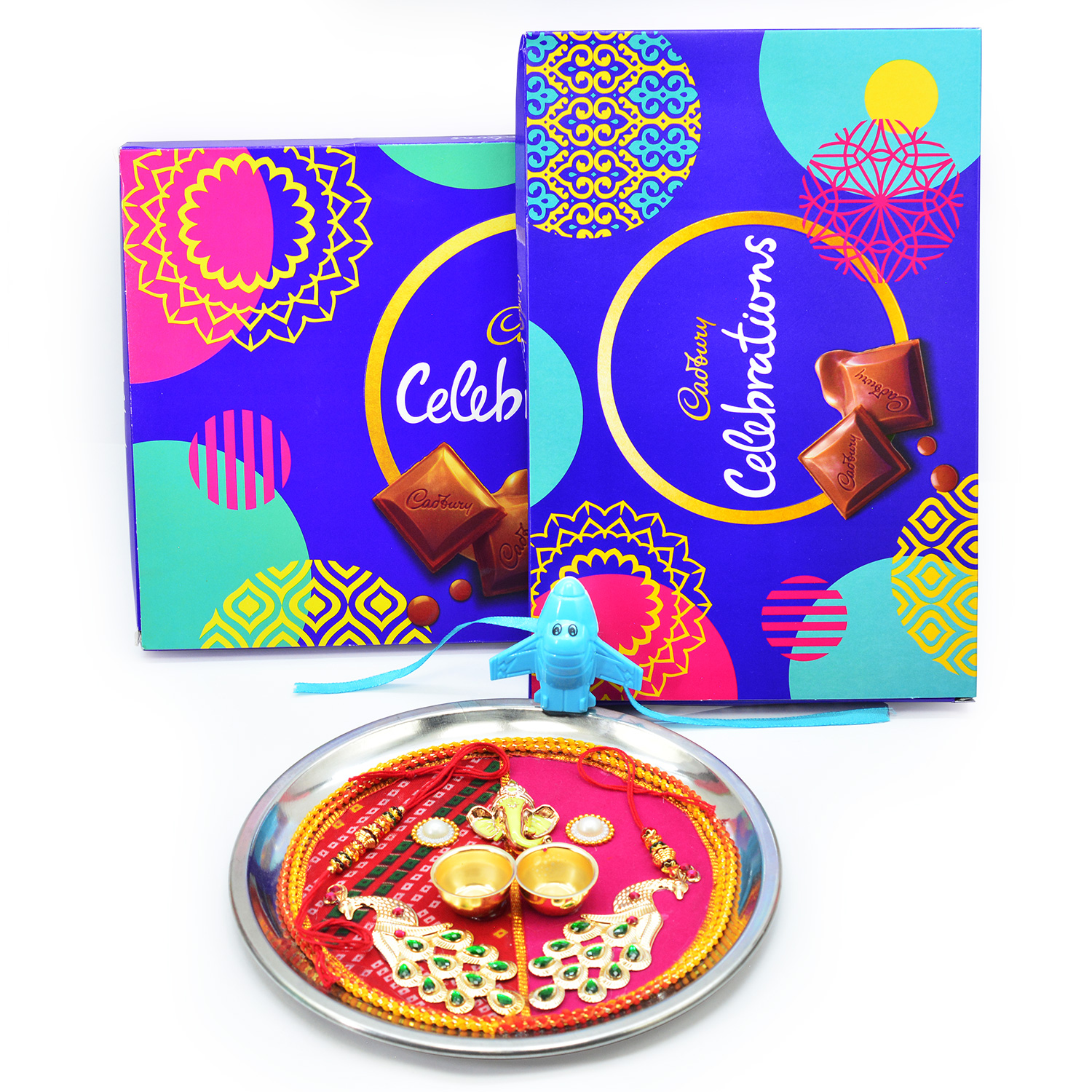 Cadbury Celebrations Chocolates Packs with Bhaiya Bhabhi and Kid Rakhi along with Rakhi Pooja Thali