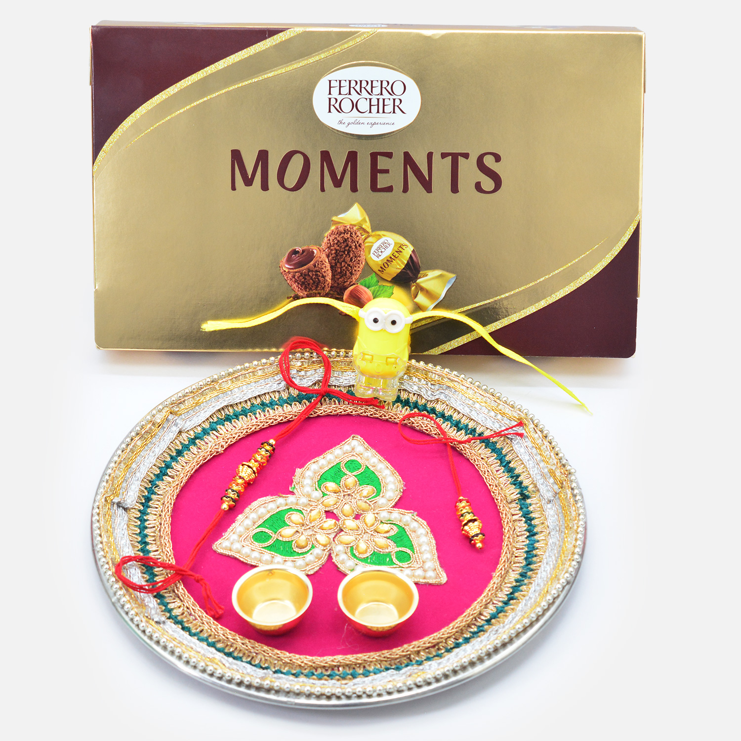 Ferrero Rocher Moments Chocolates with Family Rakhis Set and Pink Base Rakhi Puja Thali