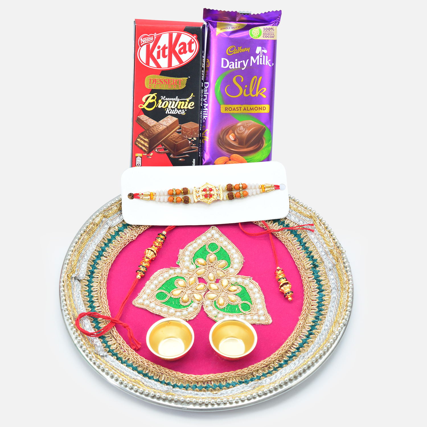 Silk and Kitkat Chocolates with Designer Puja Thali and Amazing Rakhis