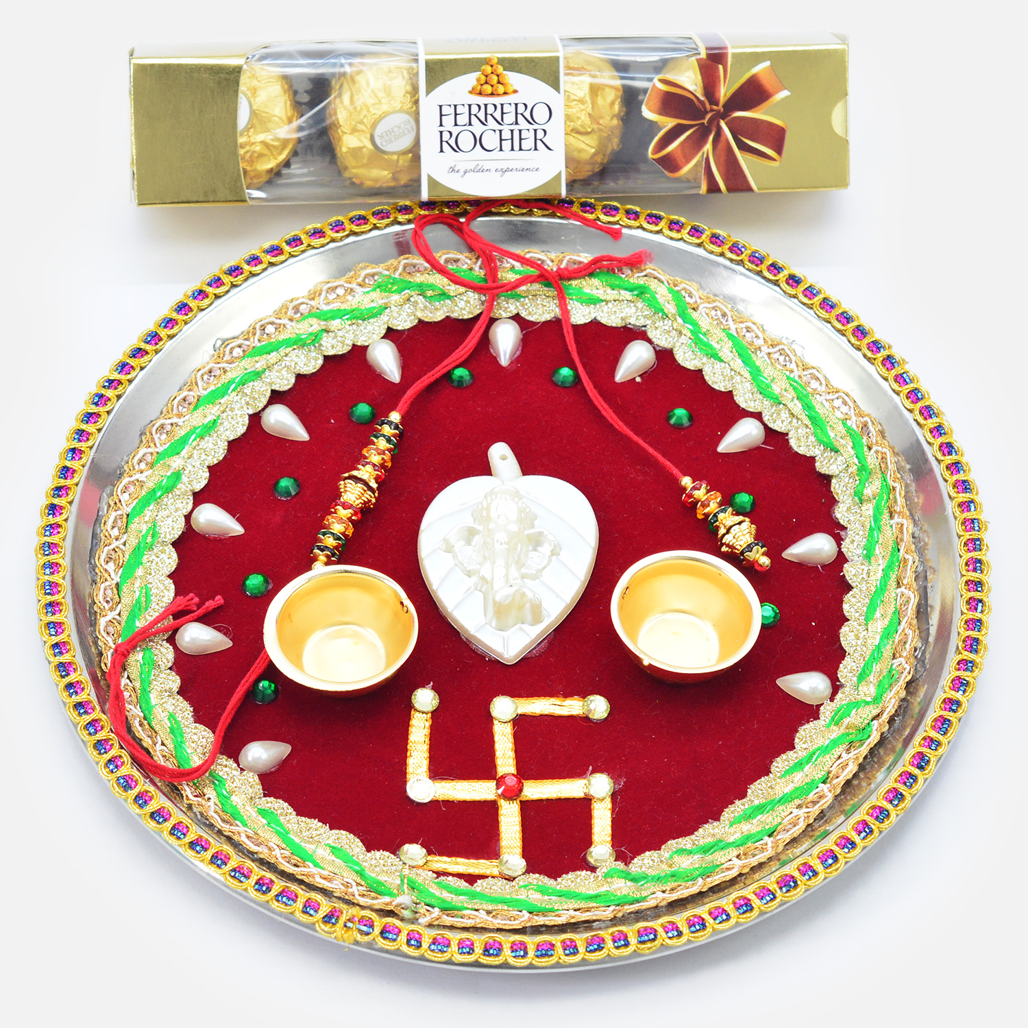 Swastika Puja Thali with Rakhis and Ferrero Rocher 4 Pc Chocolates