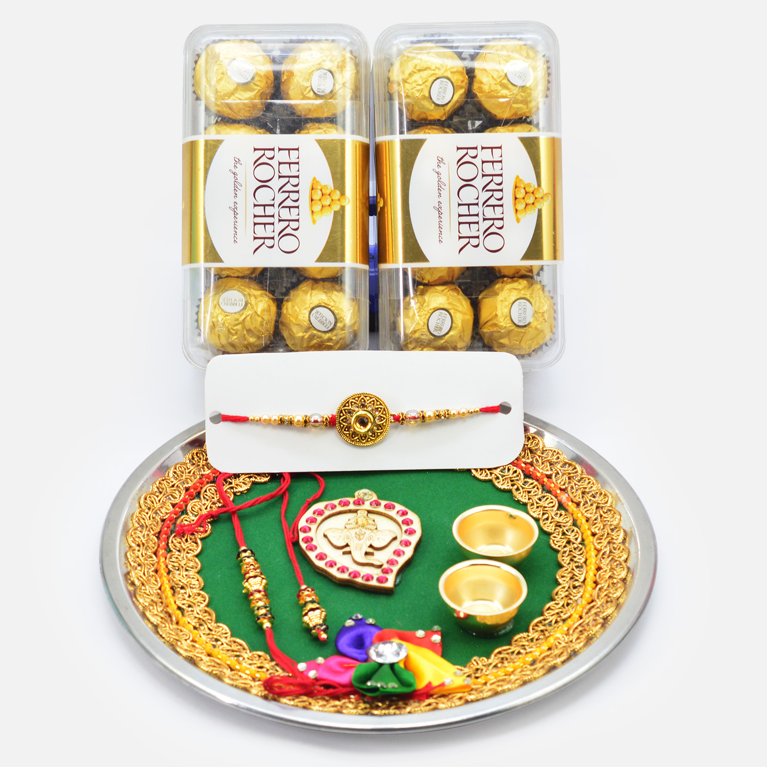 Golden Color Rakhis with Ferrero Rocher 16 Pc 2 Packs and Ganesha Green Base Pooja Thali