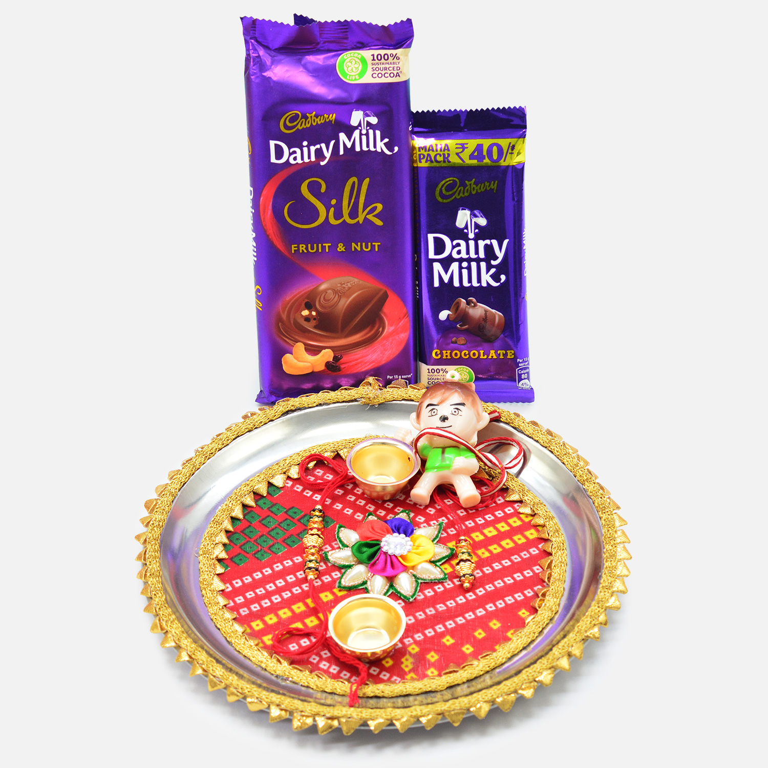 Dairy Milk Silk and Chocolate Hamper with Fabric Designer Auspicious Puja Thali