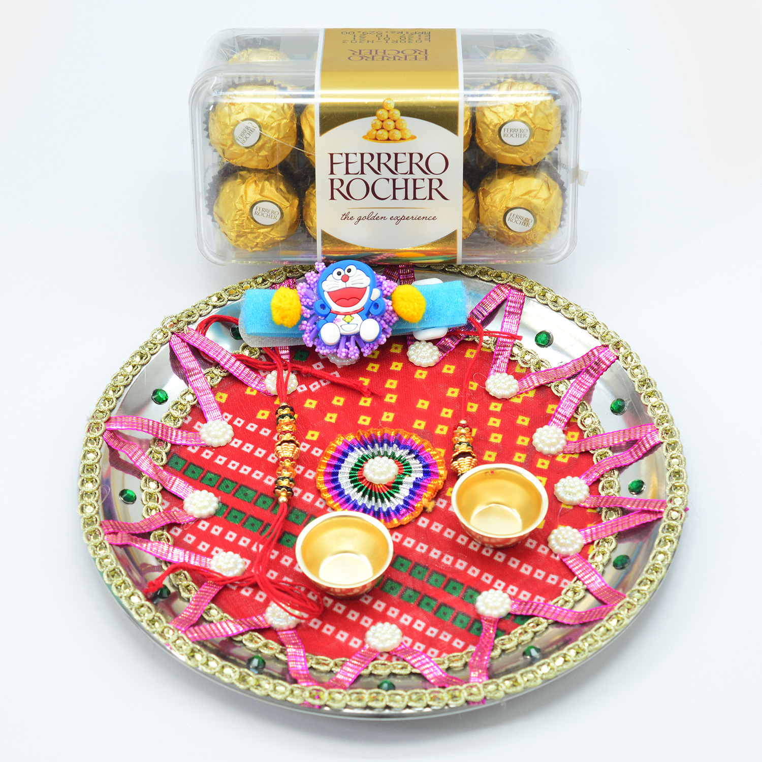 Ferrero Rocher Delicious 16 Pc Chocolate with Family Rakhis Set and Designer Puja Thali
