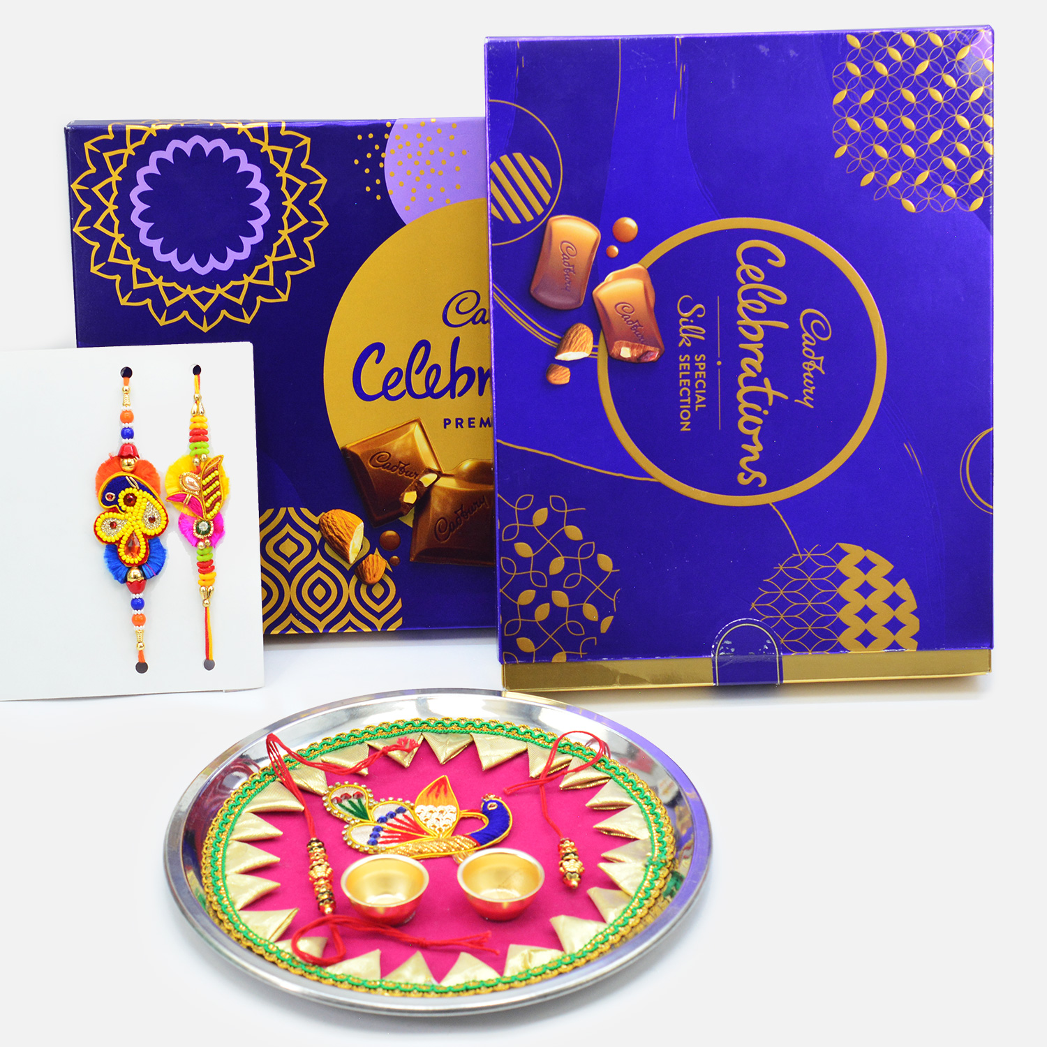 New Silk Edition Big and Small Celebration Chocolate with Rakhis and Pink Base Puja Thali