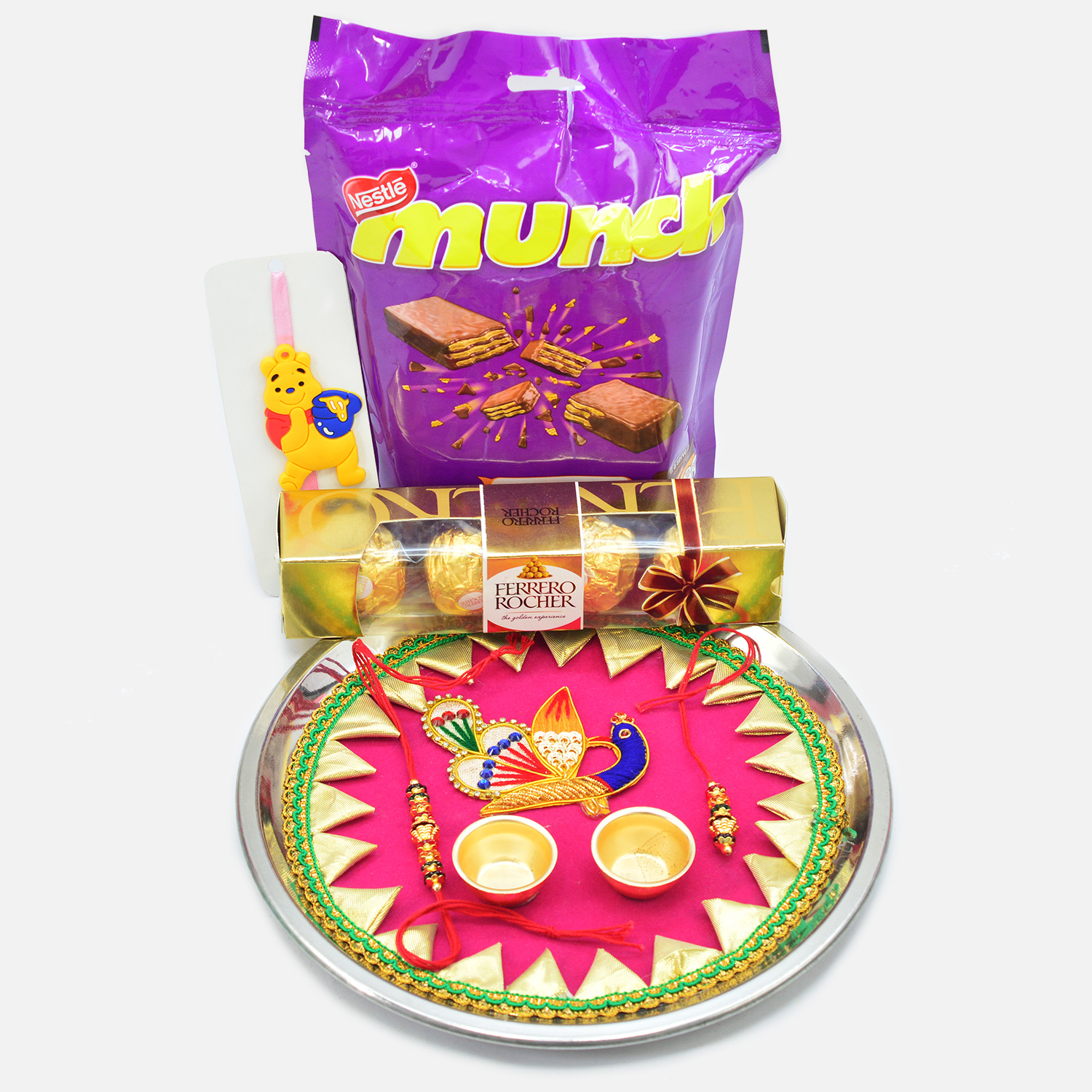 Munch and Ferrero Rocher Chocolate with Beautiful Rakhi Puja Thali and Rakhis