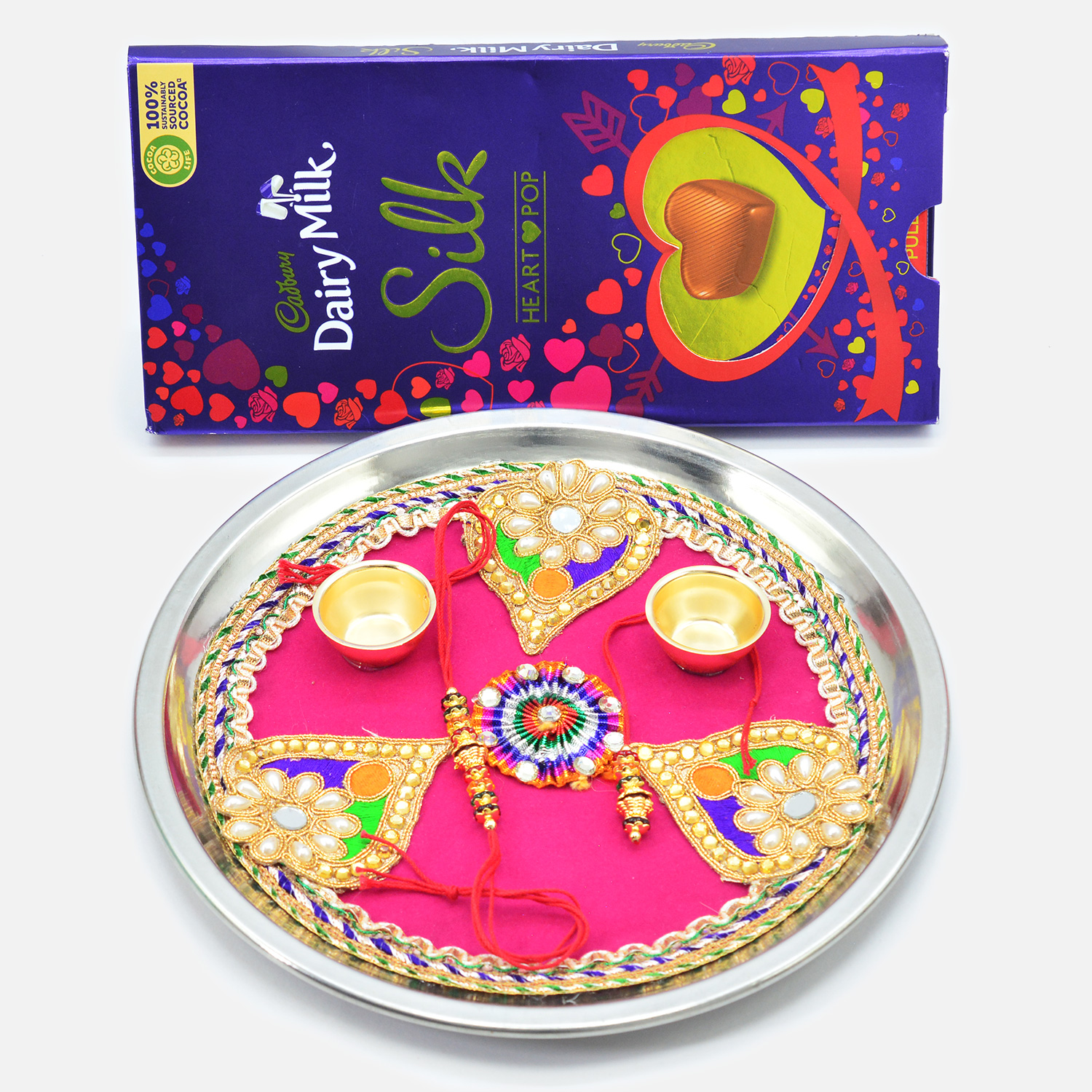 Silk Cadbury Heart Pop Chocolate with Flower and Pan Shape Design Puja Thali