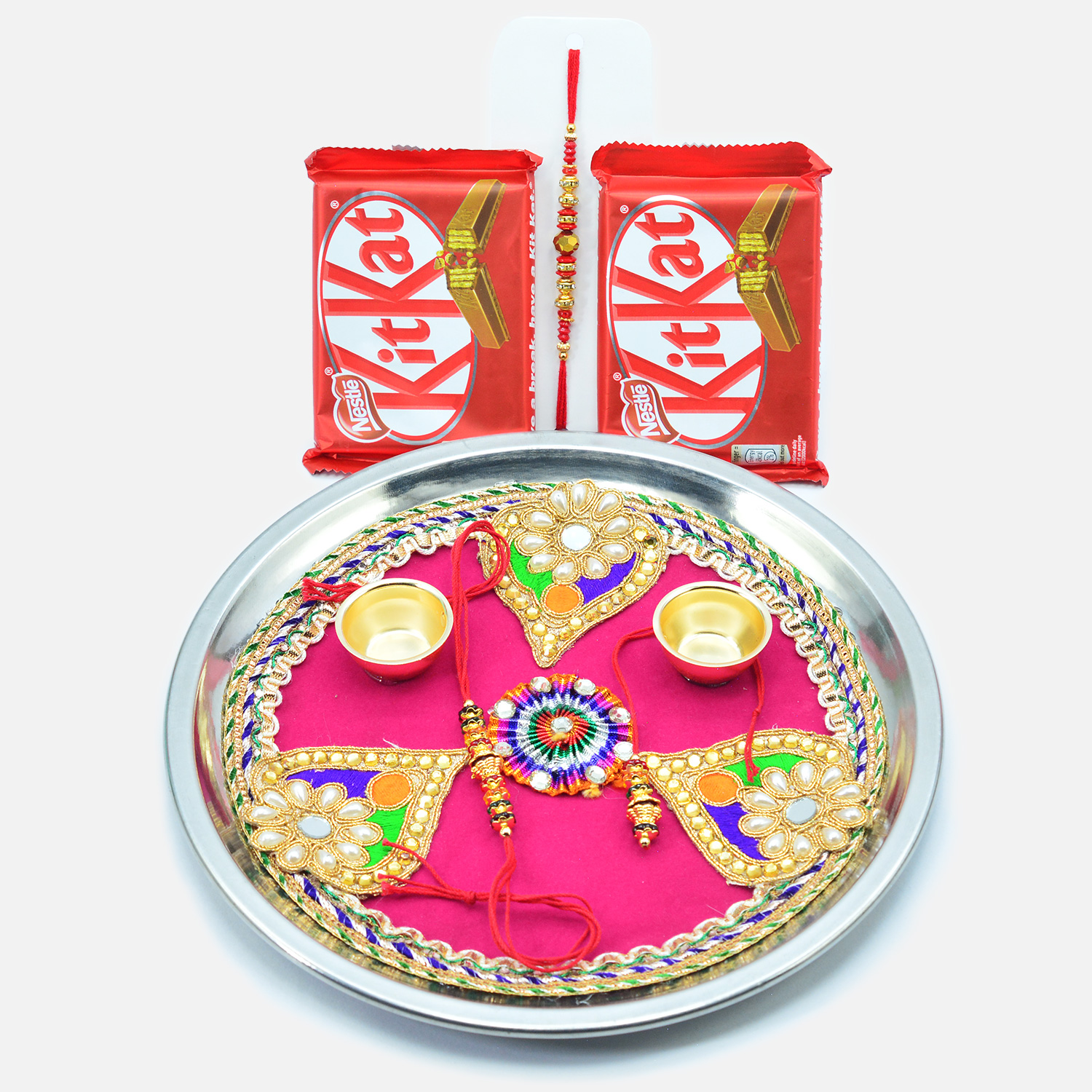 Kitkat Small Two Chocolates with Rakhis and Amazing Looking Pink Puja Thali