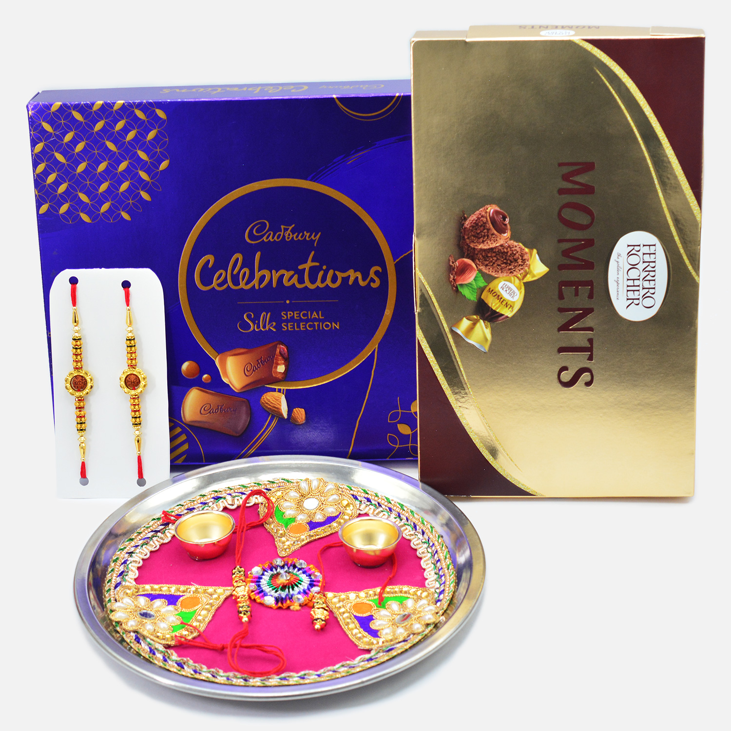 Ferrero Rocher Moments and Silk Cadbury Celebration Chocolates with Rakhis and Puja Thali for Rakhi Festival