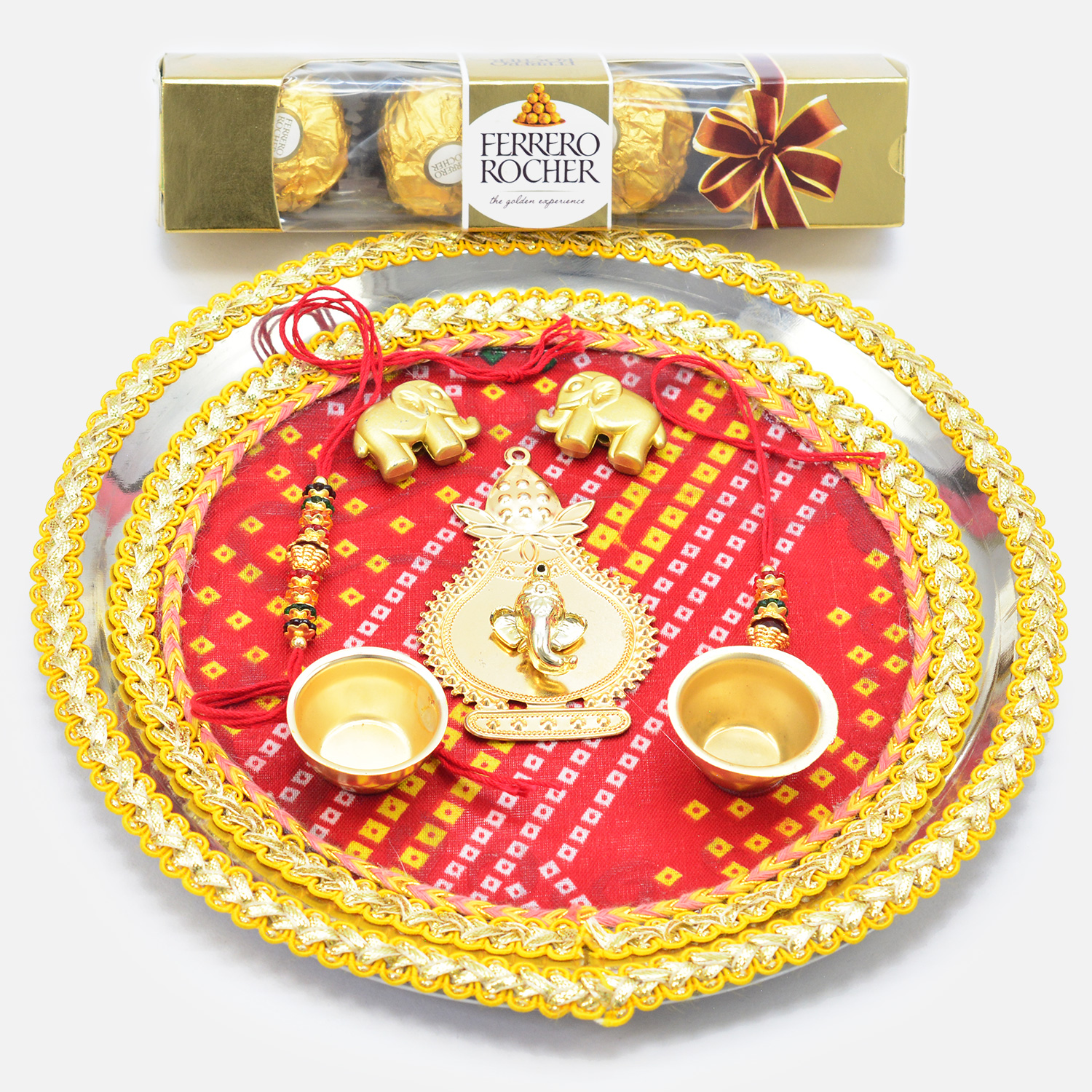 Rajasthani Fabric Base Designer Ganesha Pooja Thali with Ferrero Rocher Chocolate 4 Pc